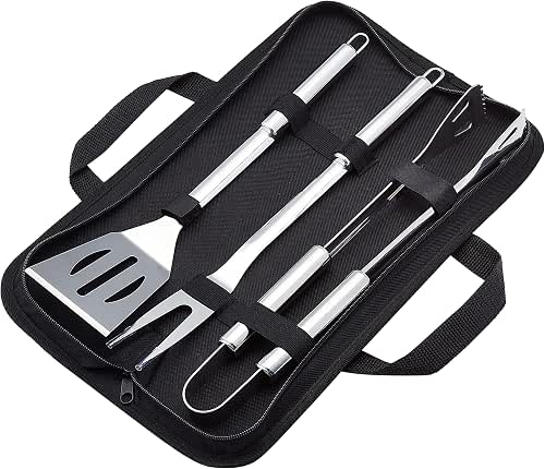 Amazon Basics 4-Piece Stainless Steel BBQ Grilling Tool Set with