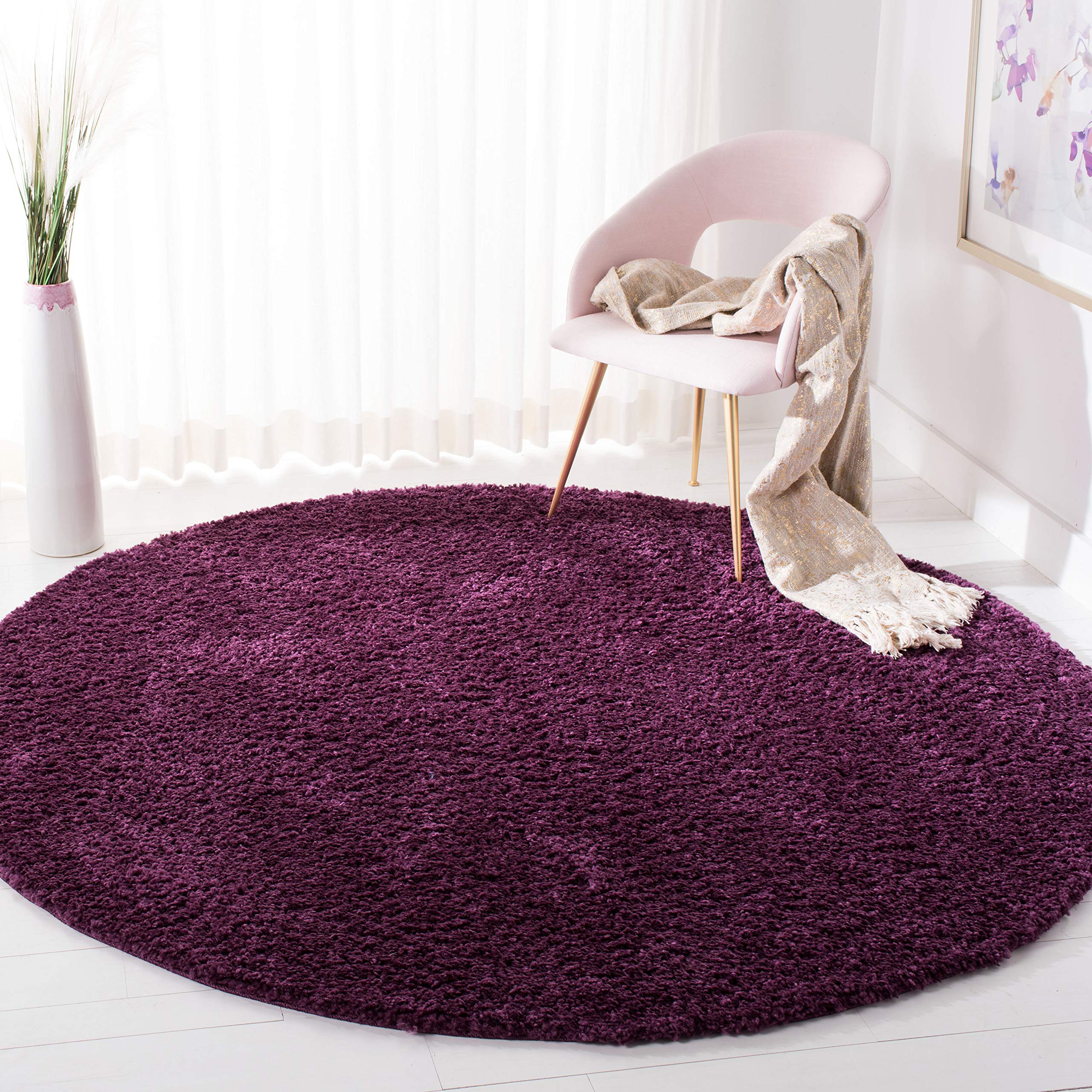 SAFAVIEH August Shag Collection Area Rug - 9' Round, Purple, Solid Design, Non-Shedding & Easy Care, 1.2-inch Thick Ideal for High Traffic Areas in