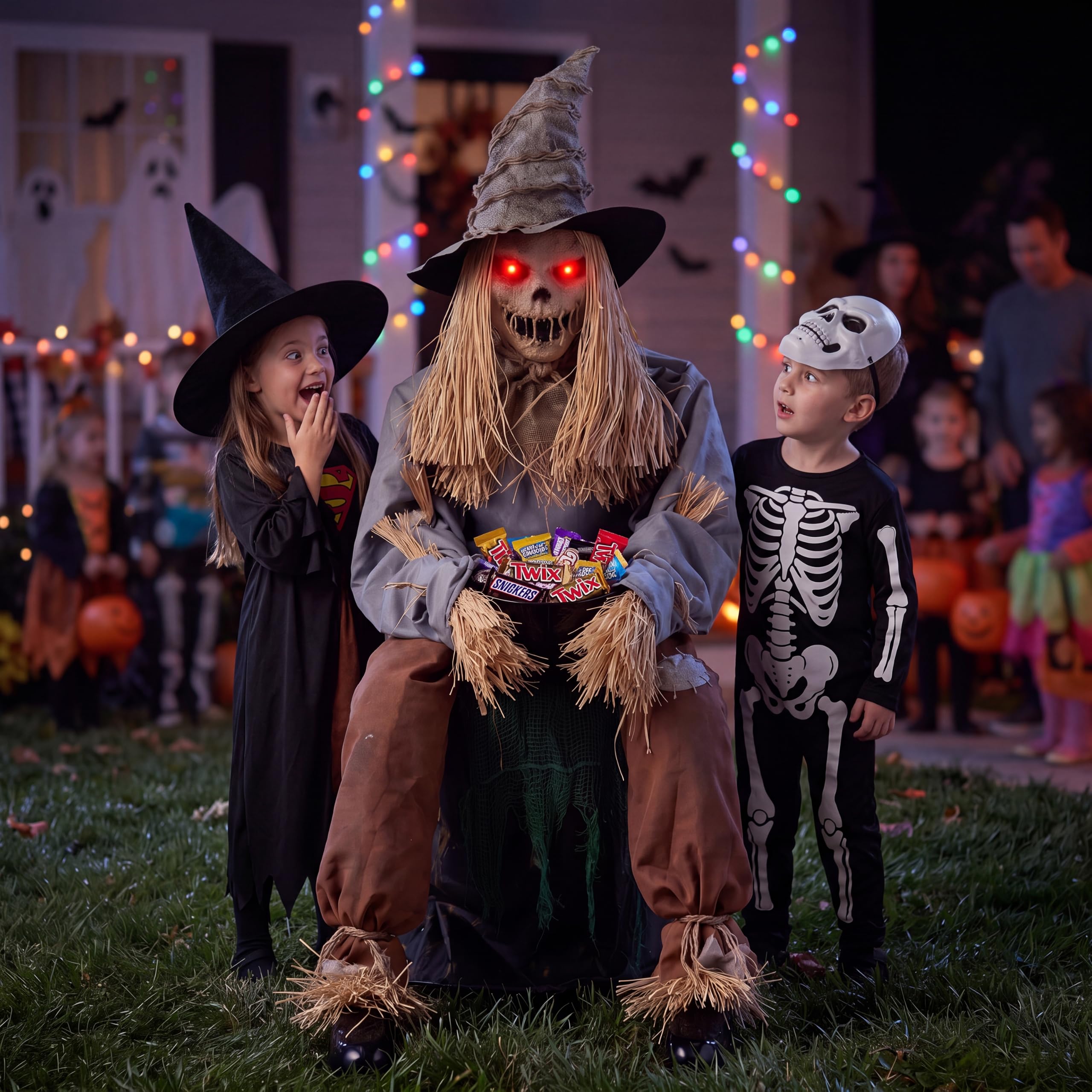 JOYIN 49" Halloween Animatronic Sitting Scarecrow, Halloween Decorations Outdoor Sound Activated Jump Scare Prop with LED Eyes, Spooky Sounds, Scary Haunted House Props for Garden Yard Lawn