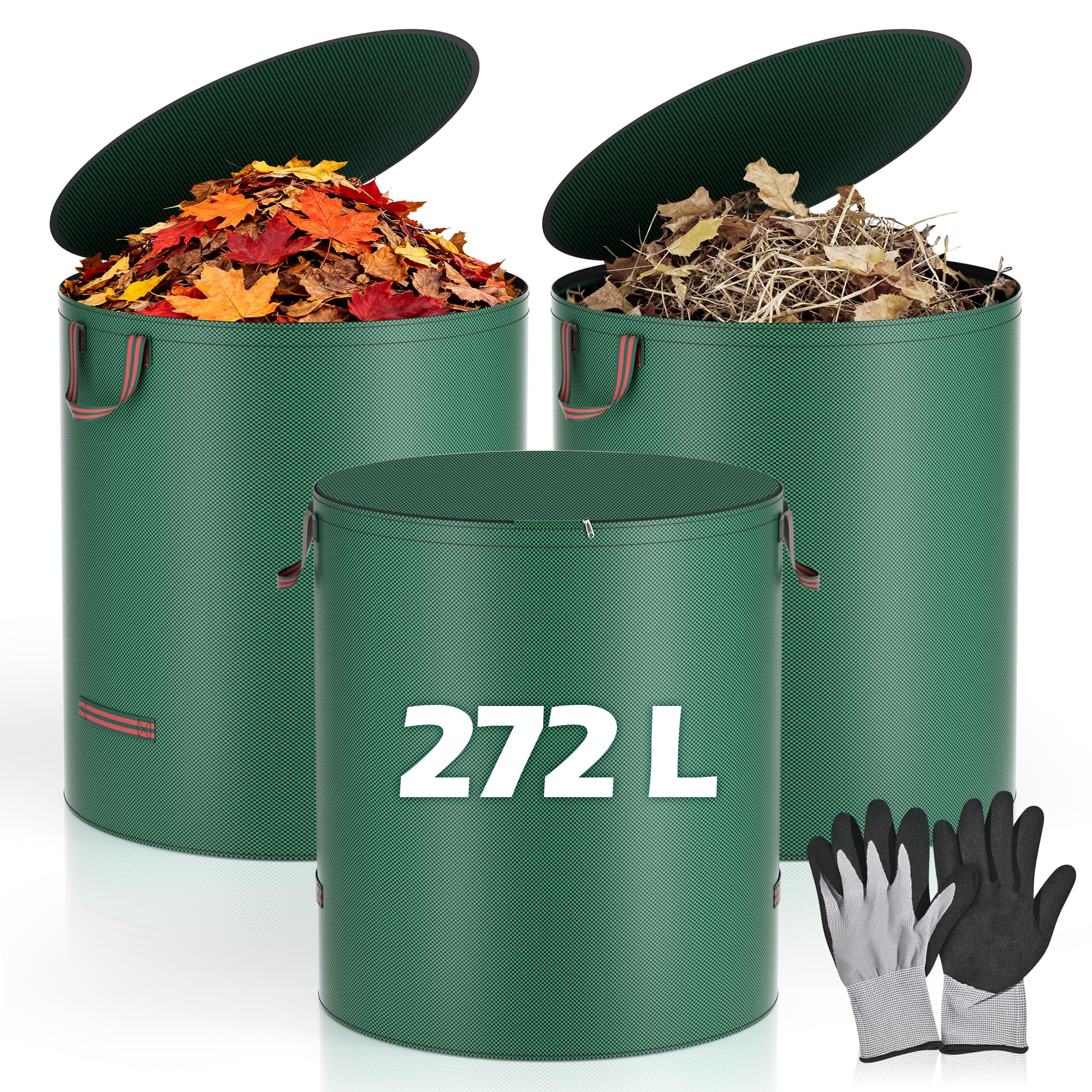 Flaveano Garden Waste Bags With Handles, 3x272L Garden Bags Heavy Duty With Lid and Gardening Gloves for Collecting Grass, Leaves, Debris — image 1