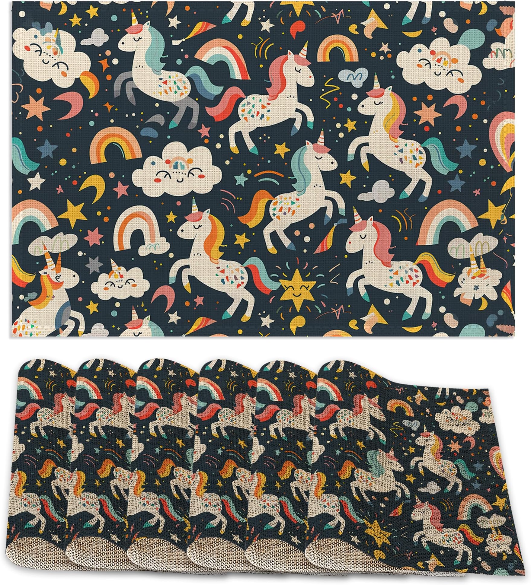 6 Pcs Placemats,Cute Unicorn Placemats,Color Rainbow Table Mats Washable Recyclable Table Placemat for Indoor Outdoor Heat Resistant Kitchen Dining 12"x18"