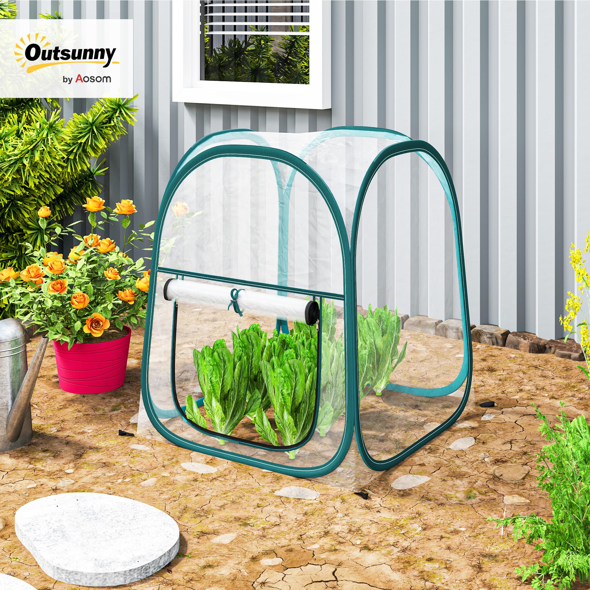Outsunny Mini Invernadero Plegable Pop-up, Invernadero Exterior Transparente con Puerta Enrollable y Cubierta de Plástico, Contraviento, para Cultivar Plantas, Flores, 70x70x80 cm, Transparente