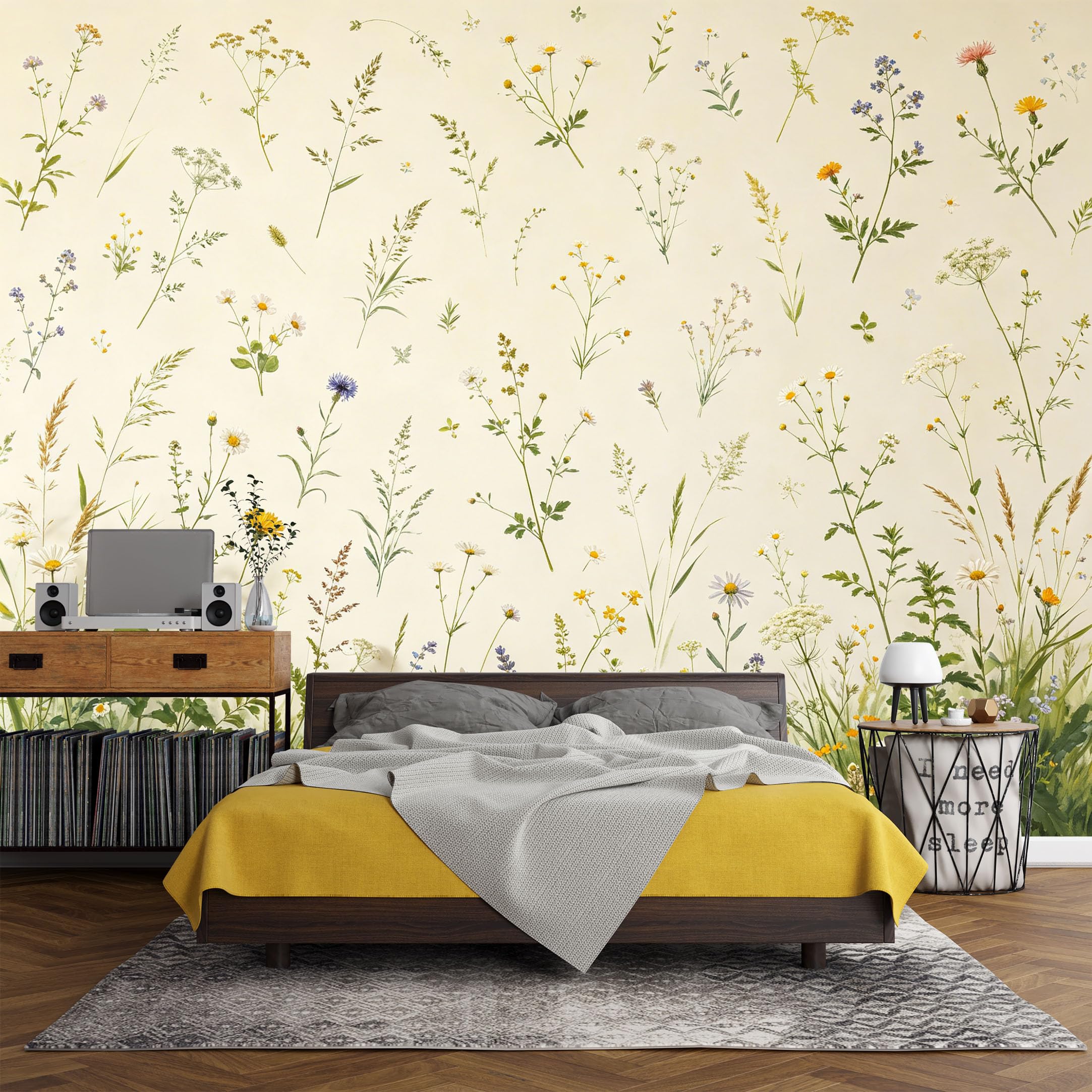Custom Size Wall Mural， Botanical Wildflower Meadow Watercolor Field Floral Art，SelfAdhesive Art Prints wall Fabric(No PVC) Removable Wallpaper Living Room Decor