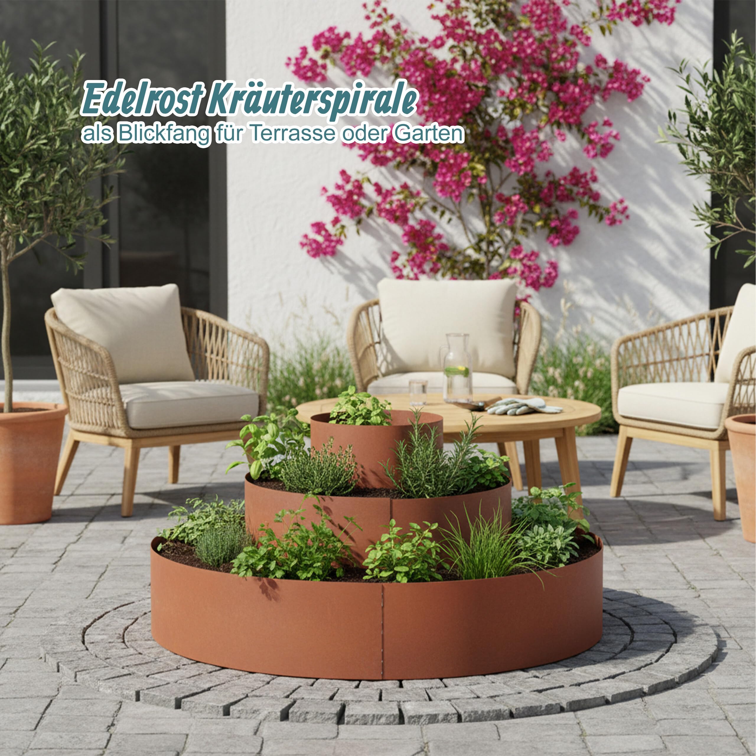 Relaxdays Kräuterspirale, 3-teilig, Ø 40/80/120 cm, Höhe: 20 cm, Rost, Stahl, Kräuterpyramide Garten, Kräuterbeet, braun