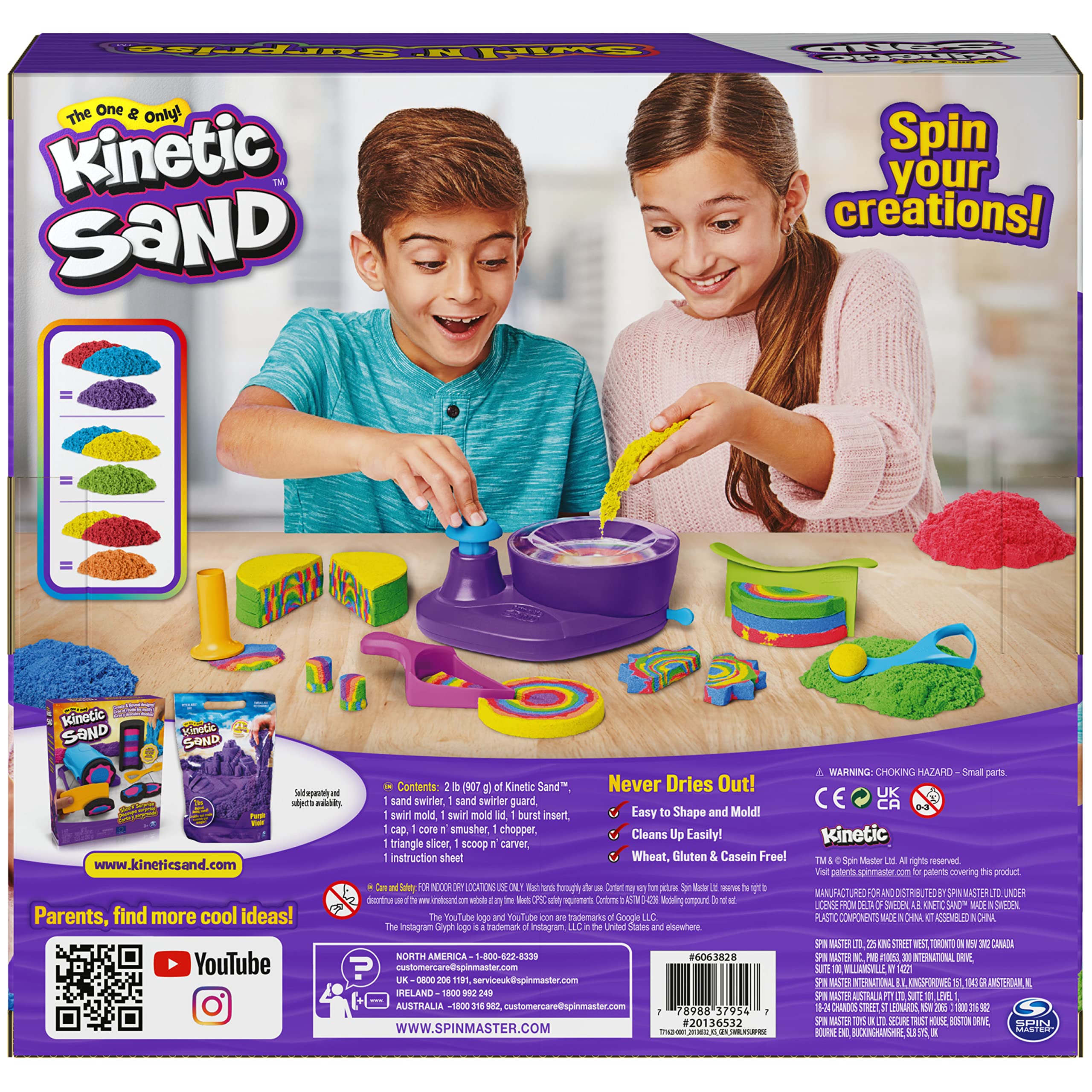 SPINMASTER Kinetic Sand, Coffret Swirl N' Surprise Avec 907 g de Sable modelable Rouge, Bleu, Vert et Jaune et 4 Outils, Jouets sensoriels pour Les Enfants à Partir de 3 ANS