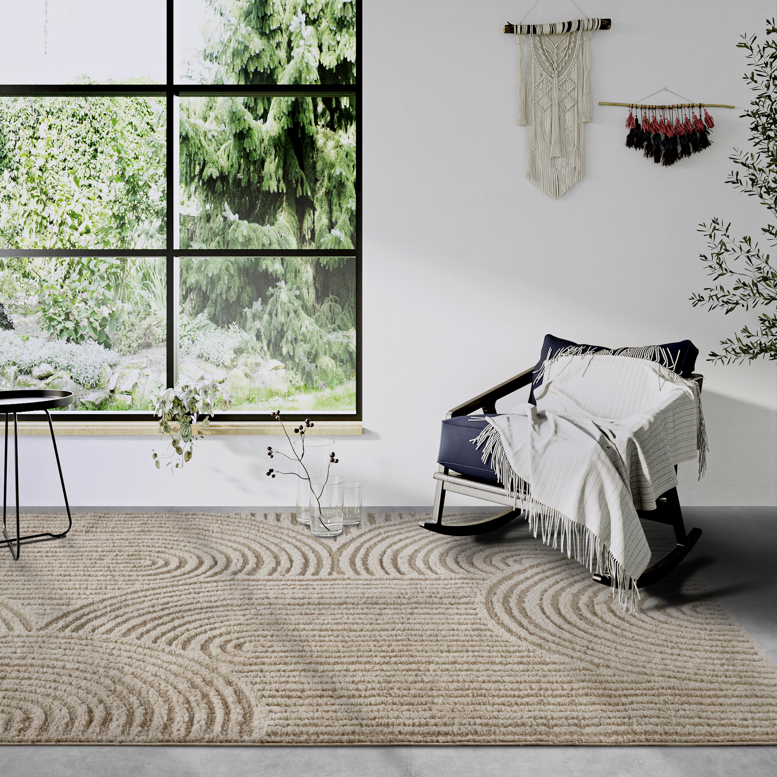 The Rugs Unisex Beige Chappe High Pile Rug Runner Soft Geometric Polyester Shaggy Rug In 160Cm X 235Cm