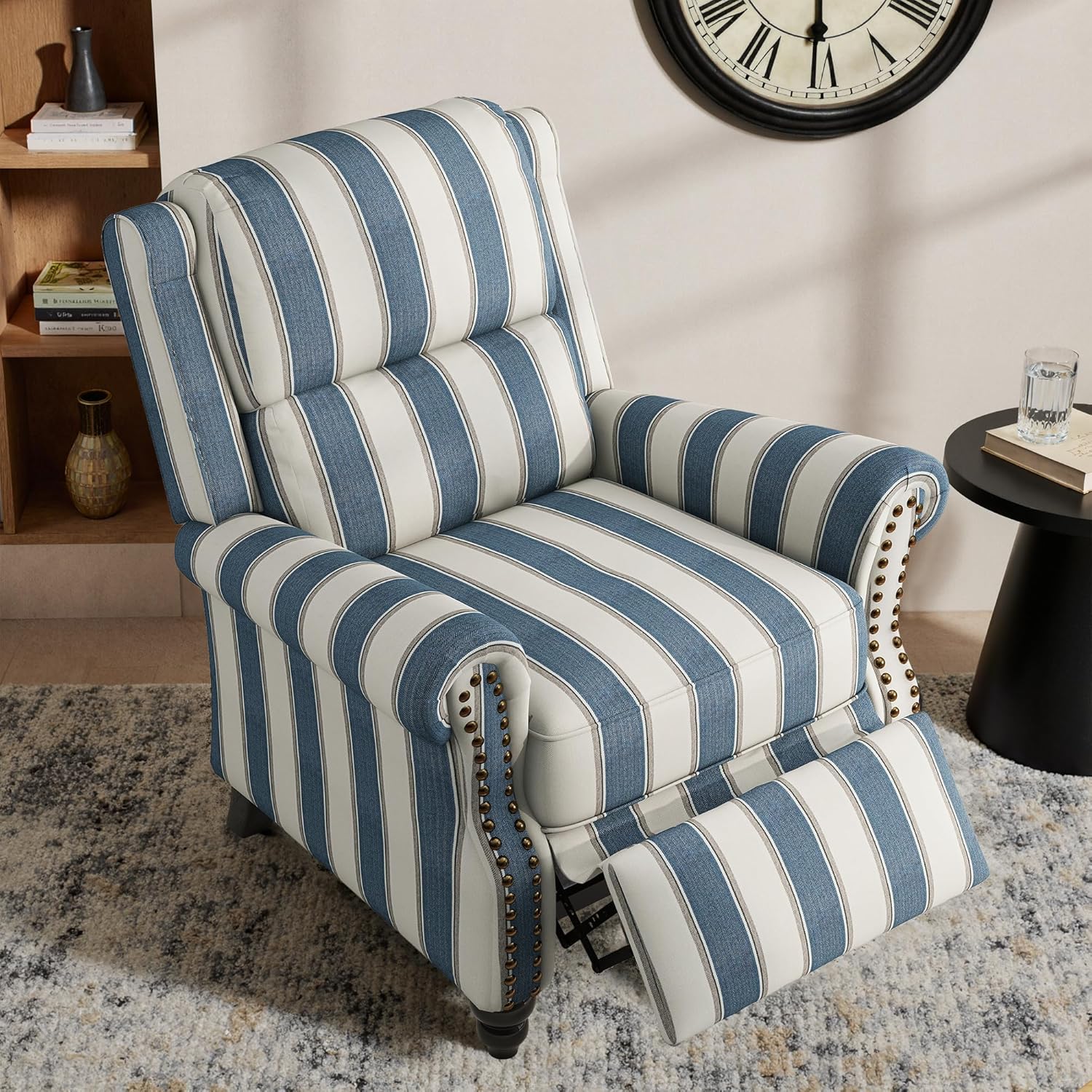 Pushback Recliner Chair, Striped Fabric Wingback Recliner Chair, Upholstered Push Back Armchair Recliner, Single Sofa with Trim Wood Legs for Living Room (Navy Blue)