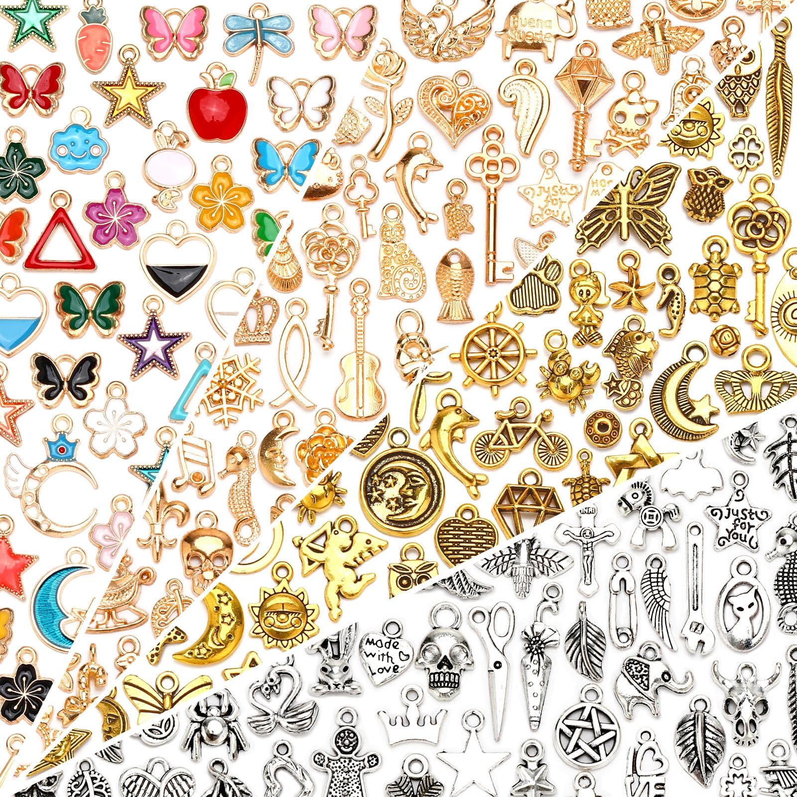 SANNIX200Pcs Charms for Jewelry Making, Assorted Enamel Charms, Mixed Antique Gold Tibetan Silver Jewelry Bangle Charm Pendants for Bracelet Necklace Earrings Craft Supplies