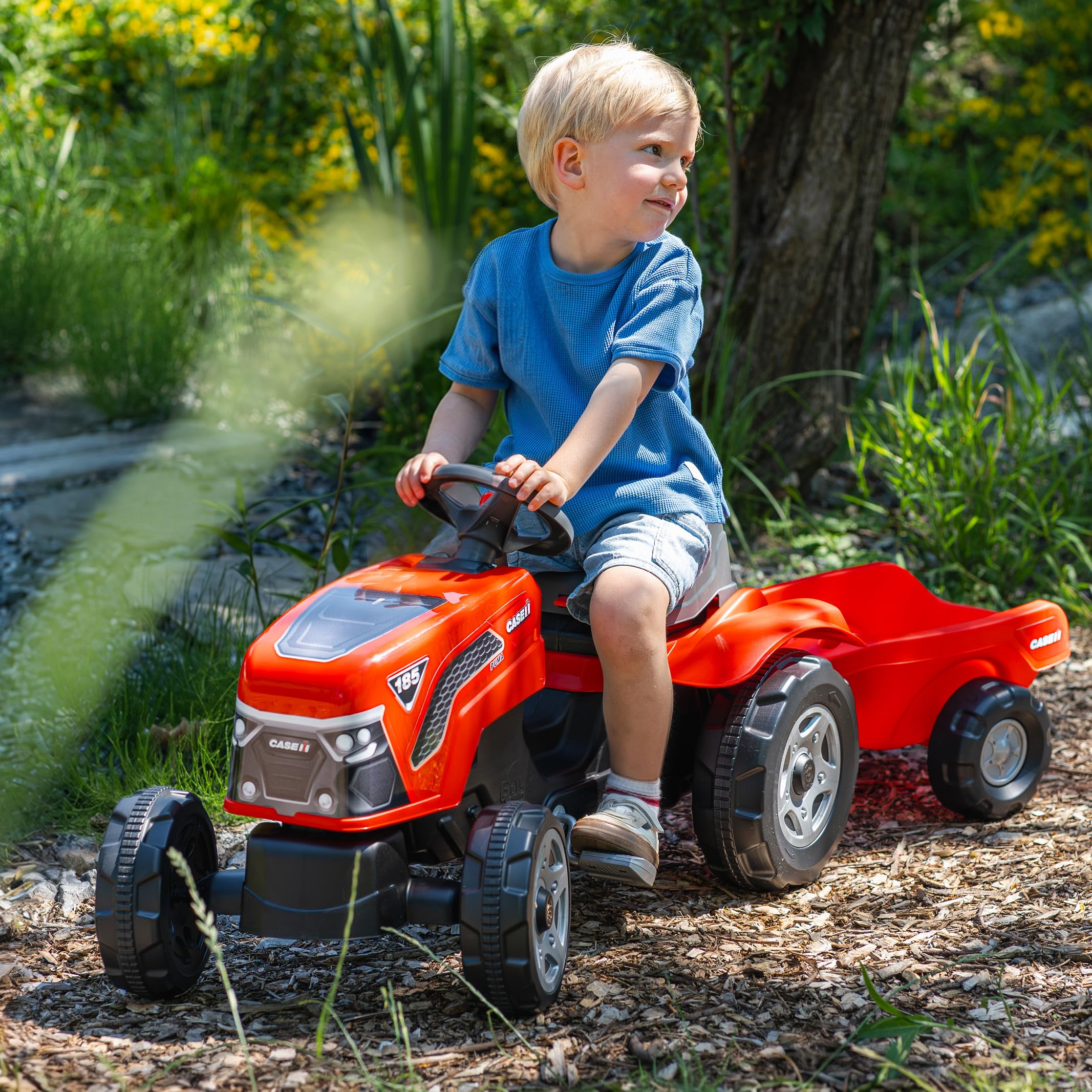 Falk Case IH Traktor mit Pedalen, für Kinder, mit Anhänger, ab 2 Jahren | Haube zum Öffnen und verstellbarer Sitz