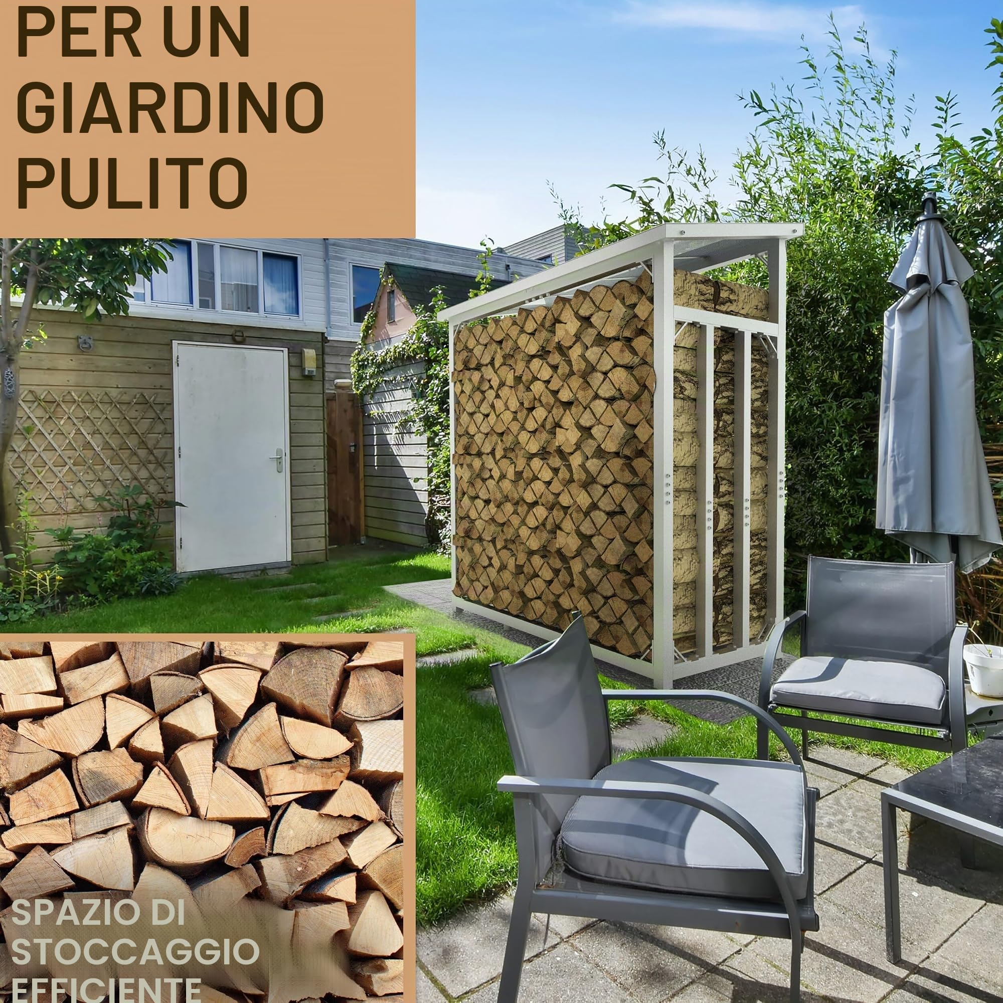 Portalegna da Esterno Coperto con Tetto 188x70x188 cm Argento Zincato | 45 kg, Metallo, Capacità 3t, Con Telone, Legnaia da Esterno