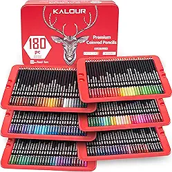 KALOUR Lápis de cor 180 para artistas – núcleo macio de pigmento rico – à base de óleo – ideal para colorir, desenhar, esboçar, sombrear, misturar – cor vibrante (caixa de lata)