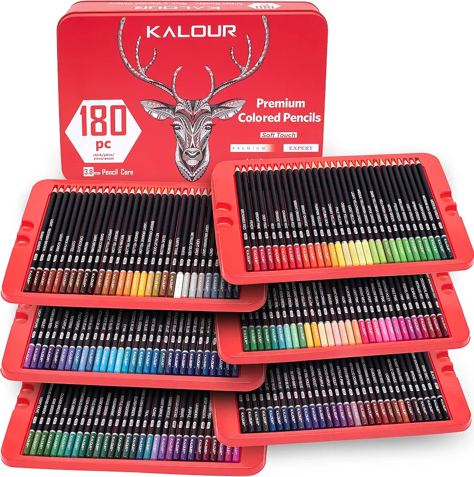 KALOUR Lápis de cor 180 para artistas – núcleo macio de pigmento rico – à base de óleo – ideal para colorir, desenhar, esboçar, sombrear, misturar – cor vibrante (caixa de lata)