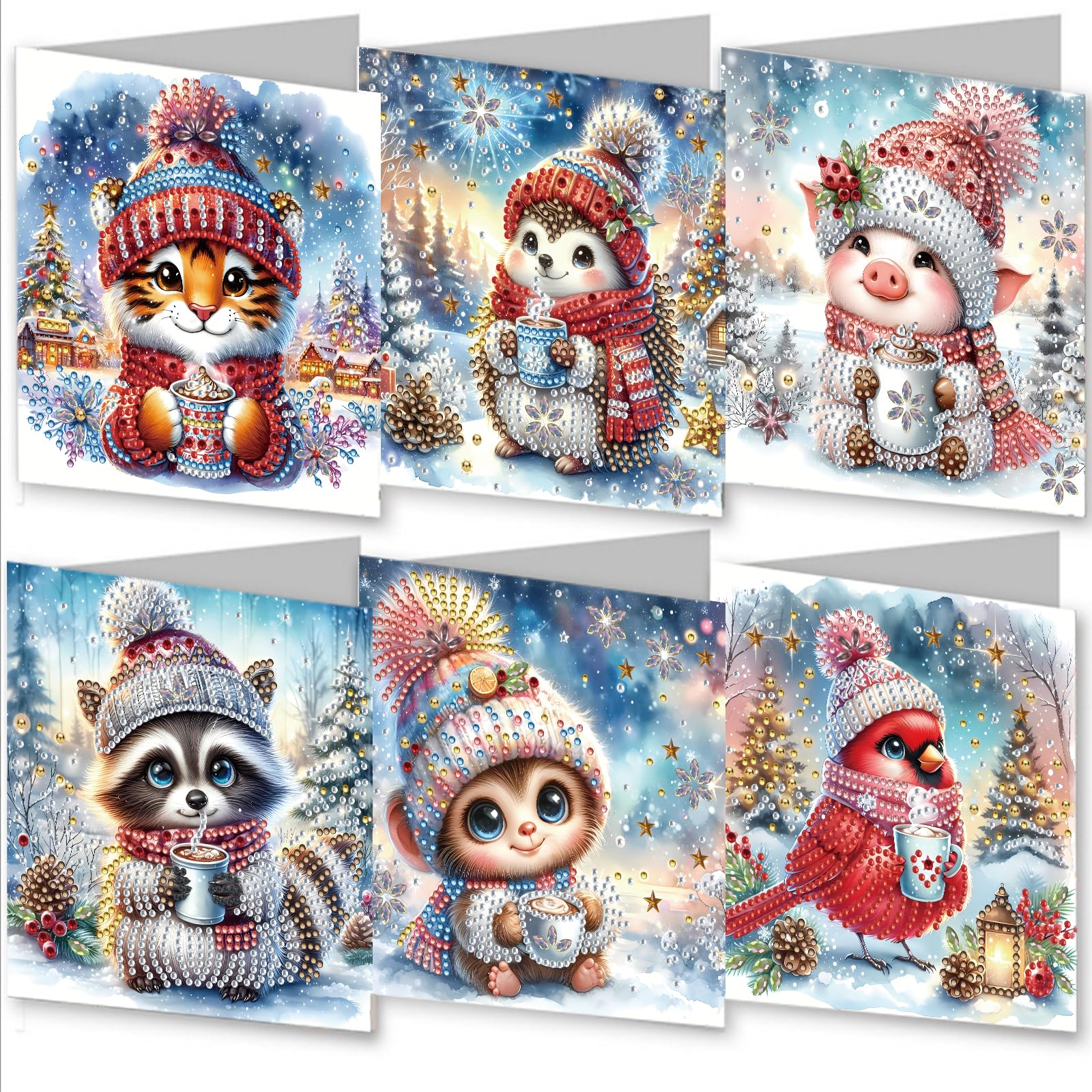 AYUCHYN ART 6 Pack Christmas Mixed Greeting Cards Animals | 5D DIY Diamond Painting Crystal Art Cards Making Kit with Envelopes & Full Tools | Xmas Cards Gift Postcards for Handmade 30*15cm (Animals)