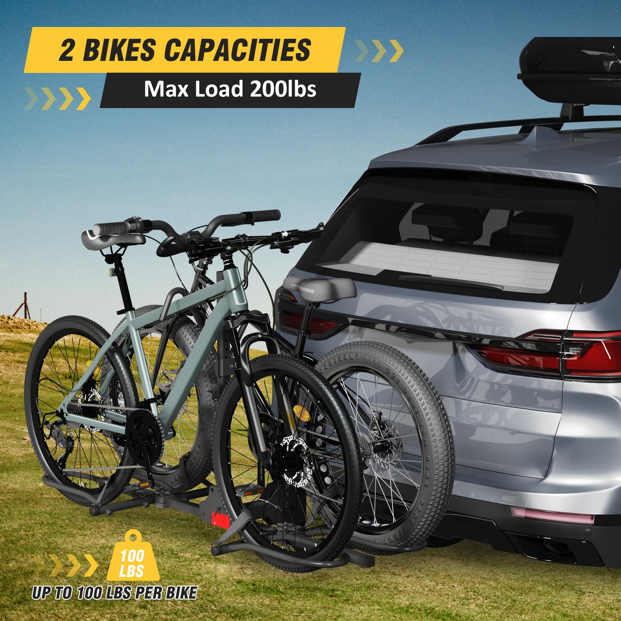 Hitch Bike Rack,Wobble Free Smart Tilting Folding Bicycle Car Racks for Standard,Fat Tire E-Bike Rack for Tow Hitch, 2-Bike 200 lbs Capacity, 2 inch Receiver