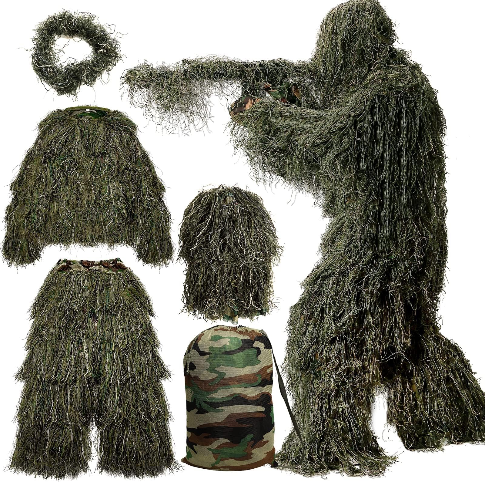 5 in 1 Ghillie Suit 3D Camouflage Hunting Suits - Jacket, Pants, Hood, Carry Bag for Adults & Youth, M/L/XL/XXL
