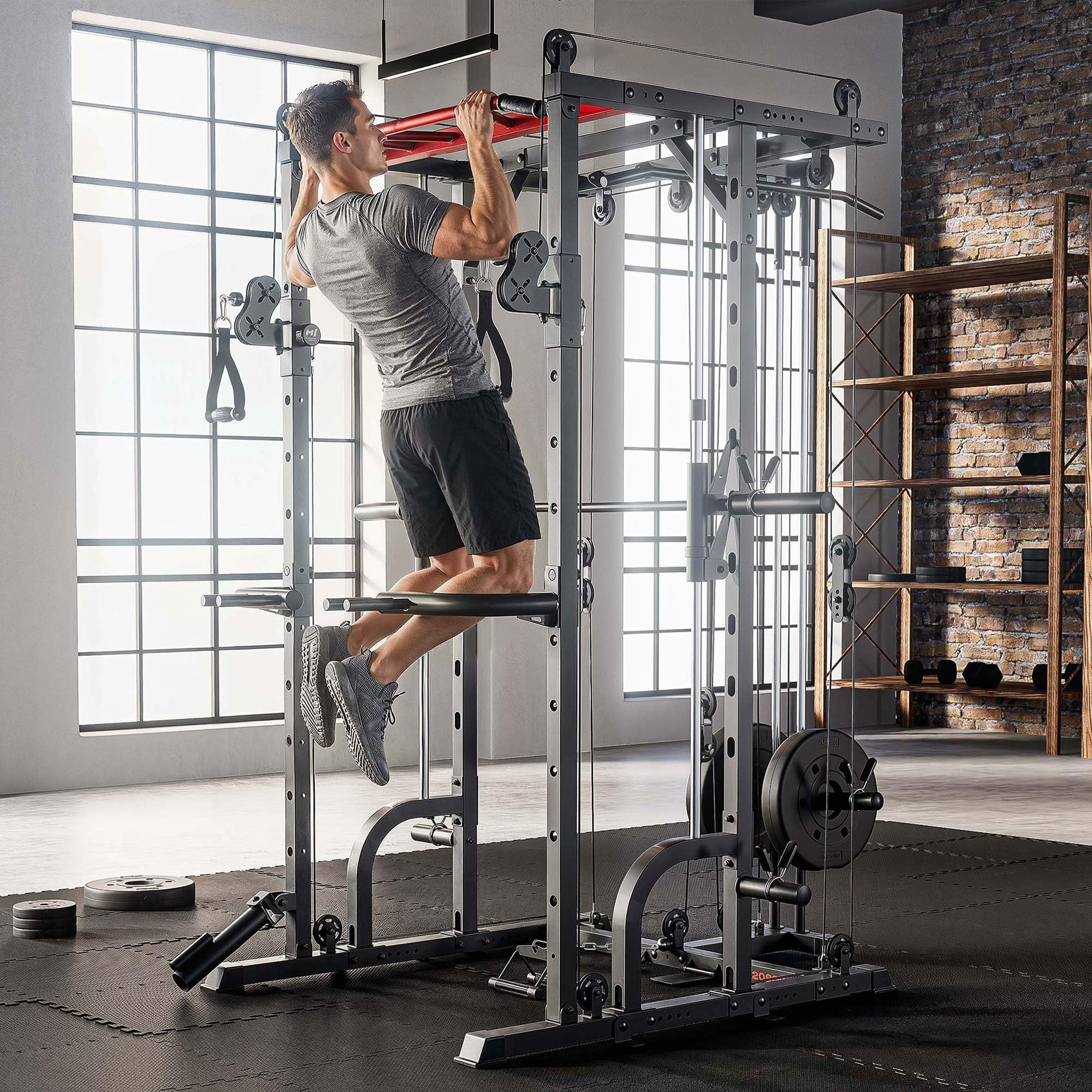 Hop-Sport Power Rack HS-2090K mit Latzug und Smith-Maschine, Power Cage mit Kabelzug, Klimmzugstange, Dip-Barren, Landmine, Multipresse und Sicherheitsablagen, Kraftstation Home Gym
