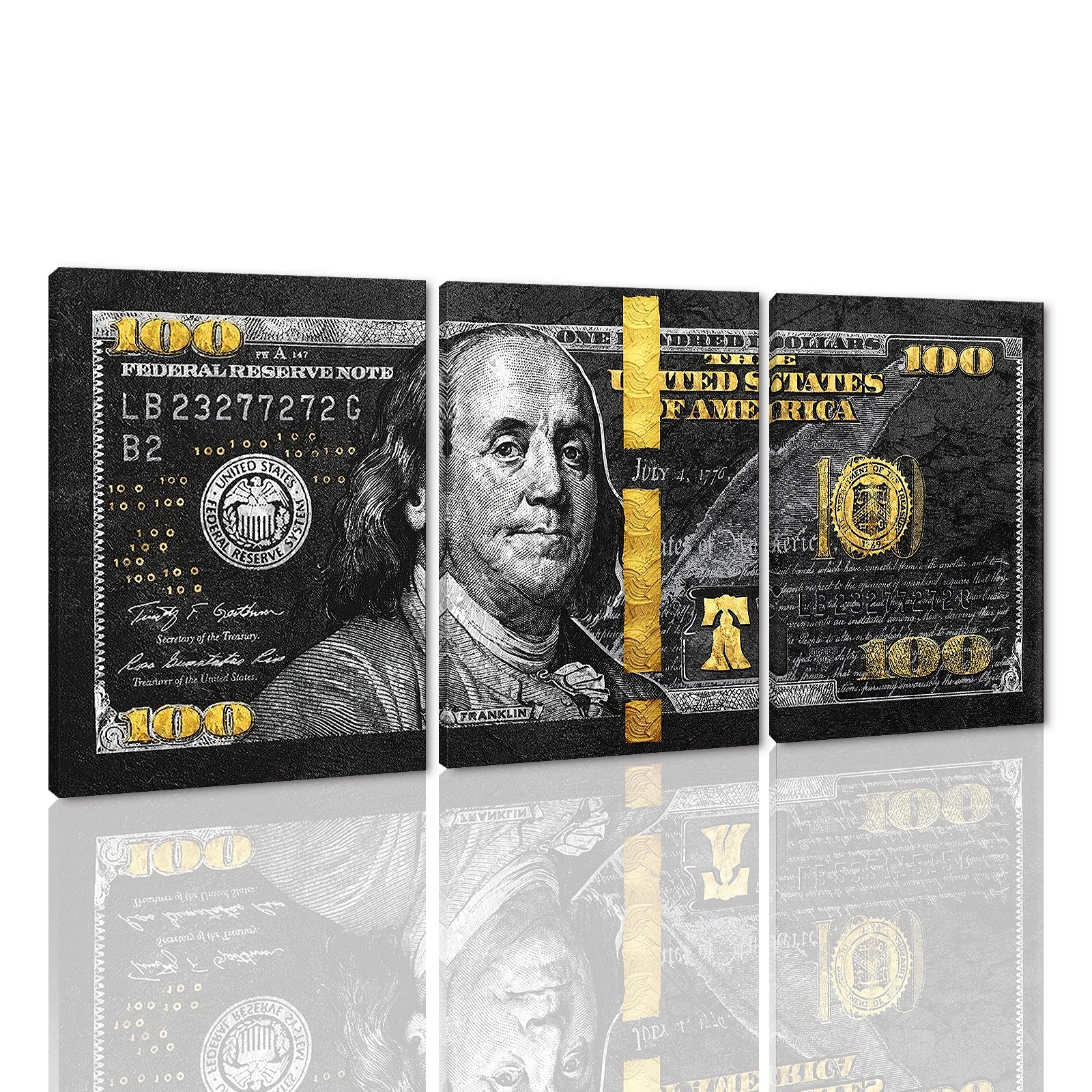 Money Wall Art Black and Gold Pictures Wall Decor 3 Panels 100 Dollar Bill Postres Money Canvas Print Art Living Room Bedroom Home Office Decor Wooden Framed Ready to Hang - 12'' W x 16''H x 3pcs