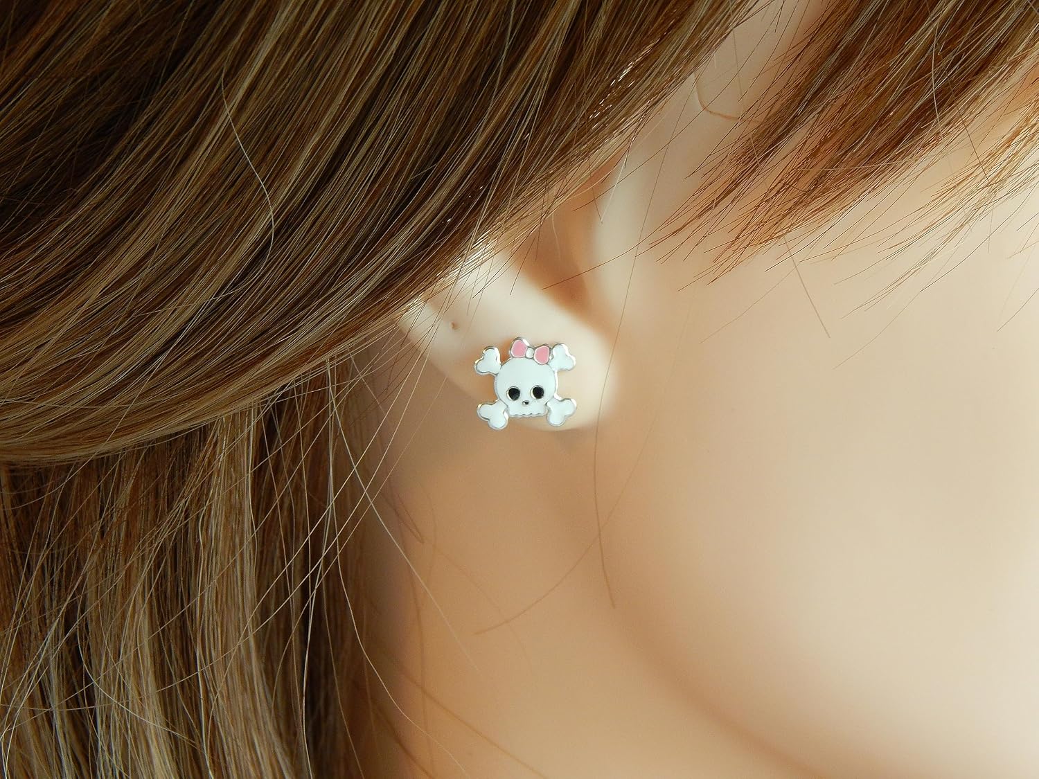 925 Sterling Silver Set of 3 Pairs Halloween Set Witch Hat, Orange Candy Corn, Skull with Pink Bow Stud Earrings (Nickel Free)