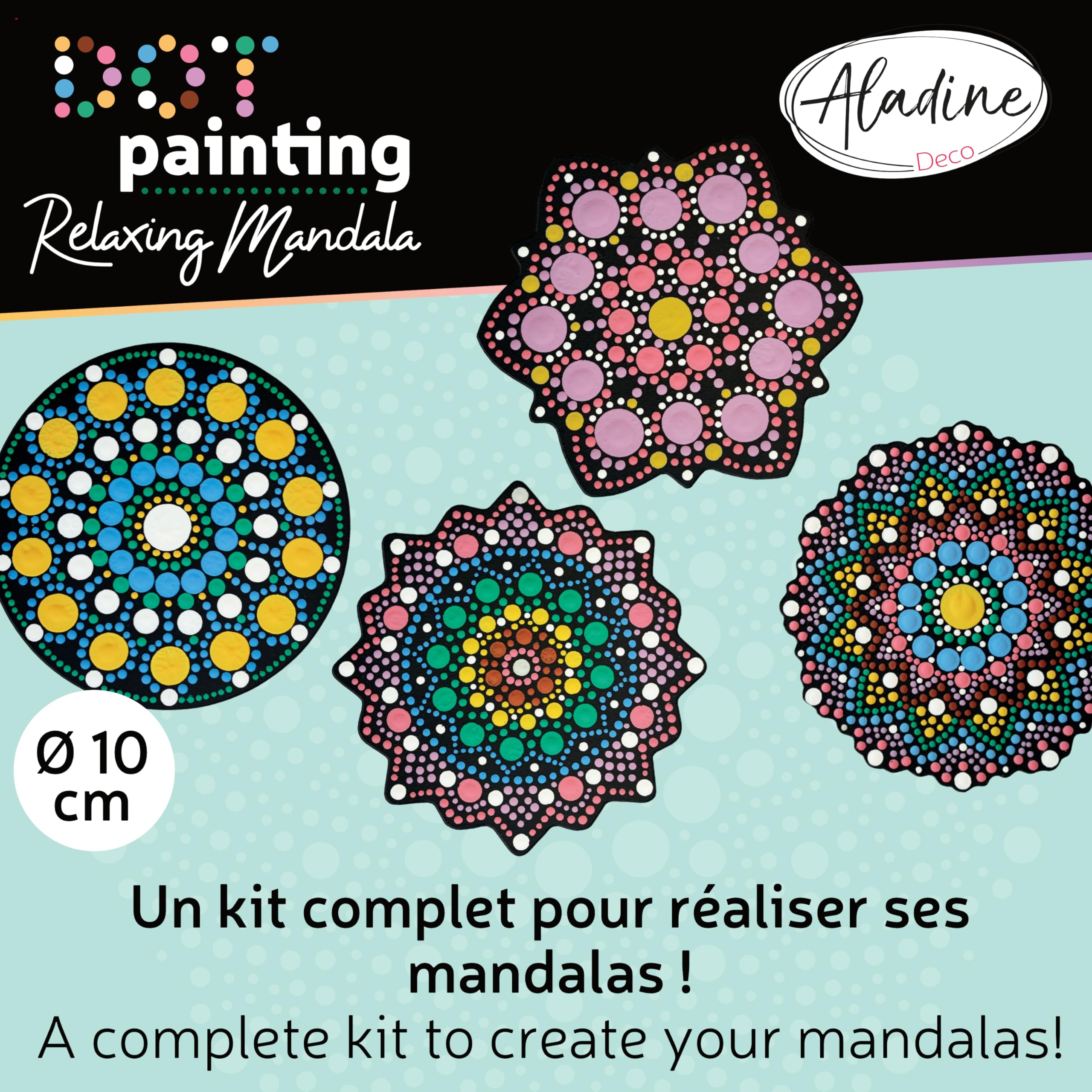 Aladine - Kit Mandala in Dot Painting - Cofanetto 4 stencil Mandala & Strumenti Dot Painting - 85496