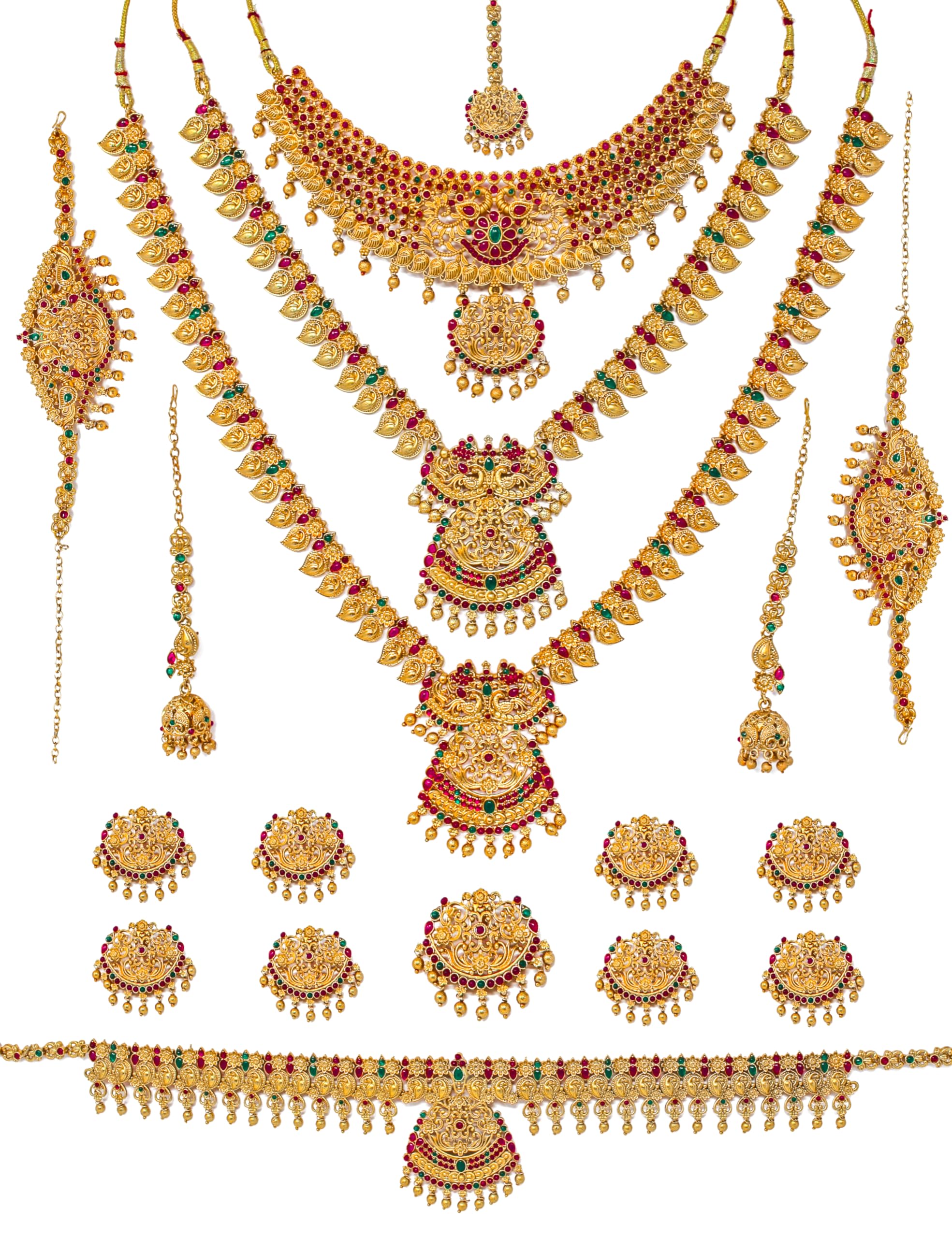Nagneshi ArtGold Plated Bridal Jewellery Set | Wedding Collection Necklace Earring, for Women | 3 Neckless, 1 Pair Earring, 1 Maang Tikka, 1 Kamarband,2 Pcs Bajju Band and choti 9pcs.., Large, Metal,