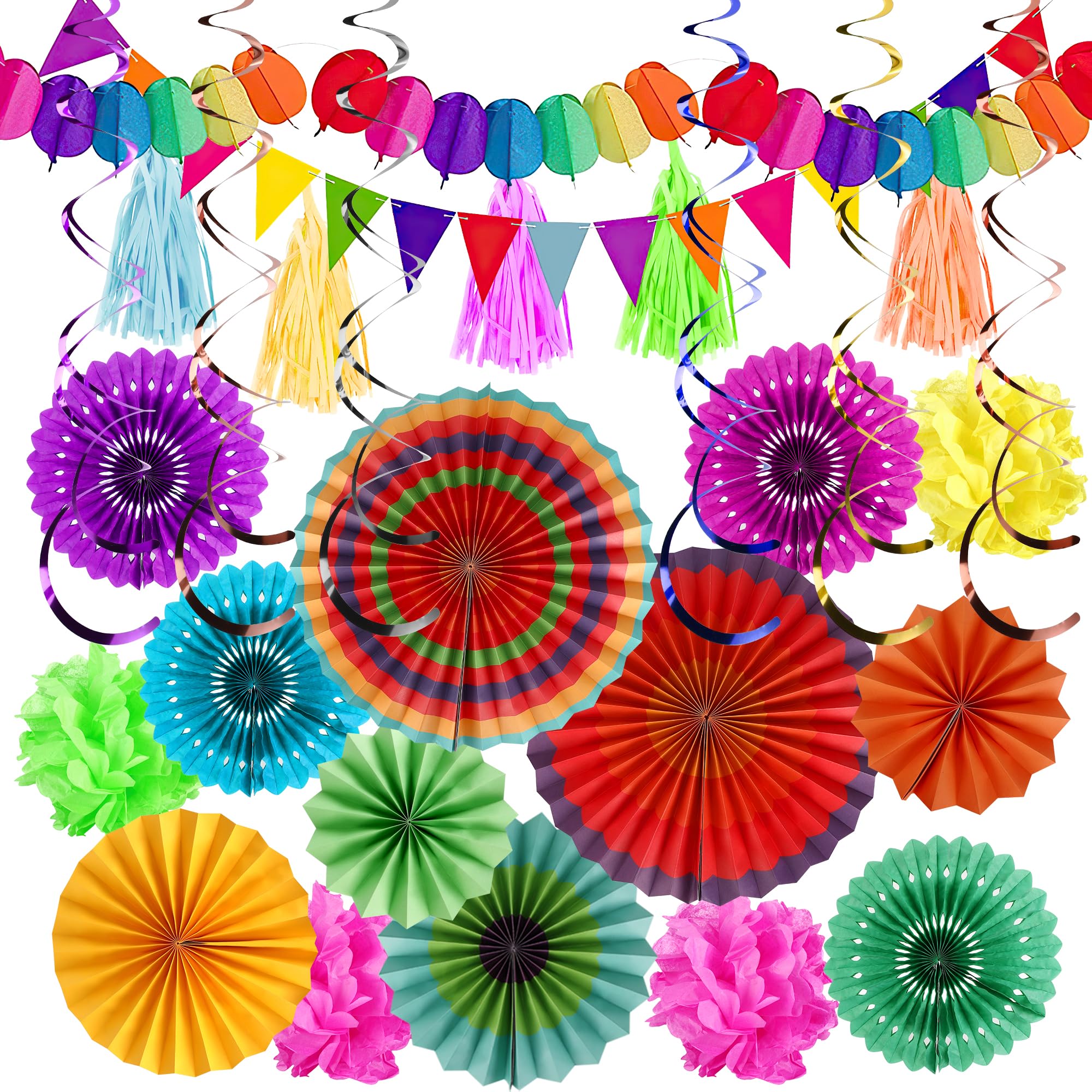42 Piezas Pompones de Papel,Decoración de la Fiesta,Cumpleaños y Carnaval,Con Papel Coloreado Abanicos de Colgantes, pompones de paper colores
