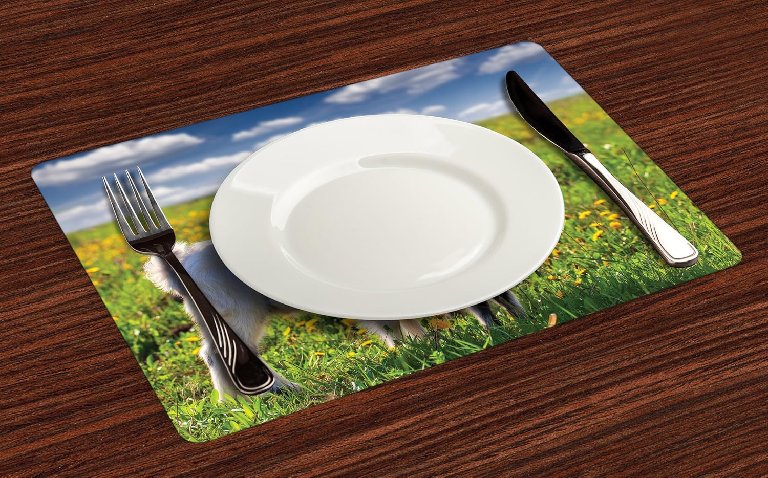 Lunarable Goat Place Mats Set of 4, Summer Time Meadows with Blossoming Flowers Photo Focused on 2 Goats, Washable Fabric Placemats for Dining Room Kitchen Table Decor, Fern Green White Sky Blue