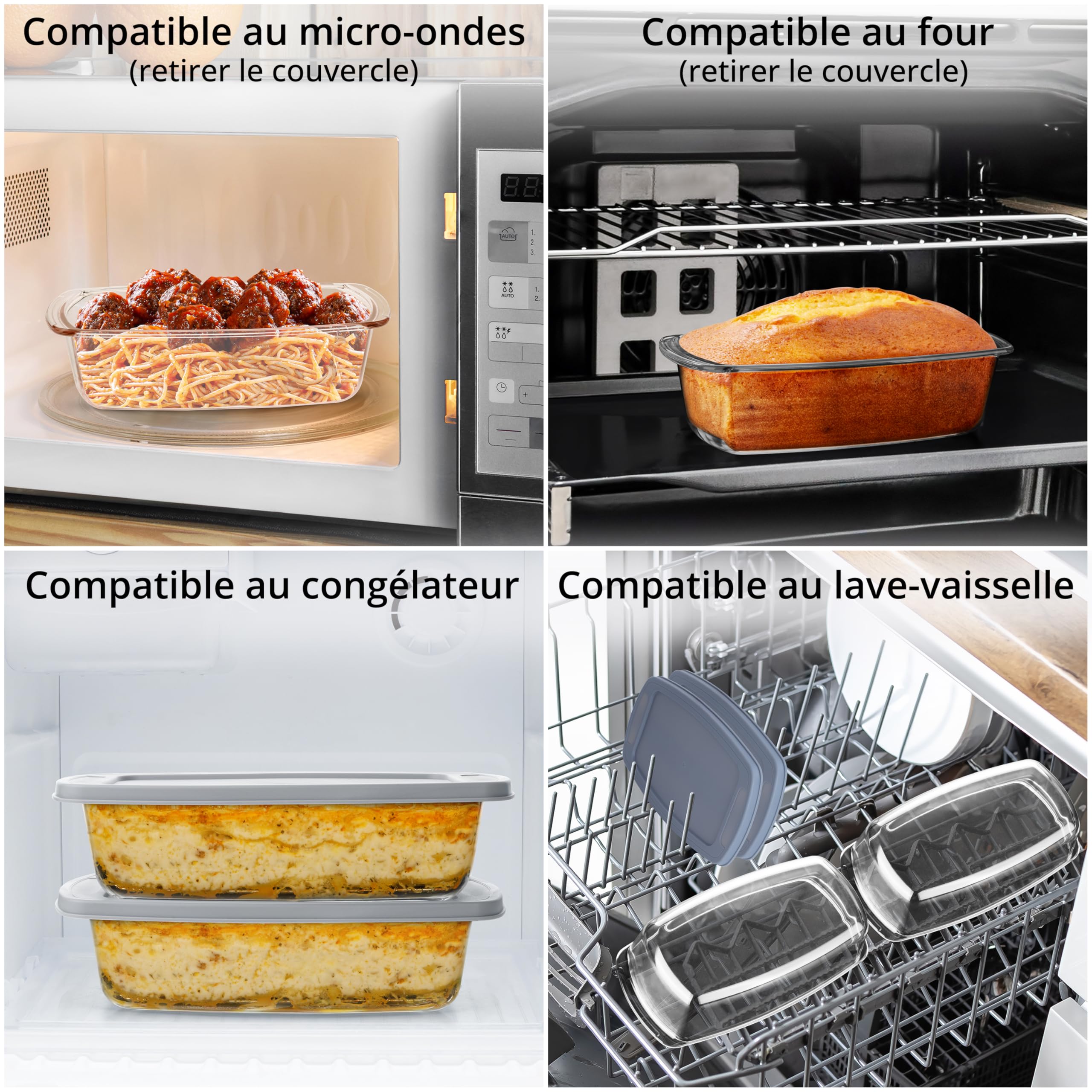 Winter Shore Lot de 2 Moule à Pain en Verre 1,8 L - Grand Plat Four avec Couvercle Plastique Étanche - Antiadhésifs & Poignées Transport - Micro-ondes, Four, Congélateur, Lave-vaisselle - Sans BPA