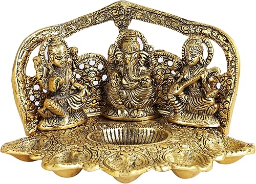 Miniatura 2 de TIED RIBBONS Ganesh Lakshmi Saraswati Idol - Estatua de dios hindú 5 pulgadas, dorada, figuras de metal Estatua de Ganesh para inauguración