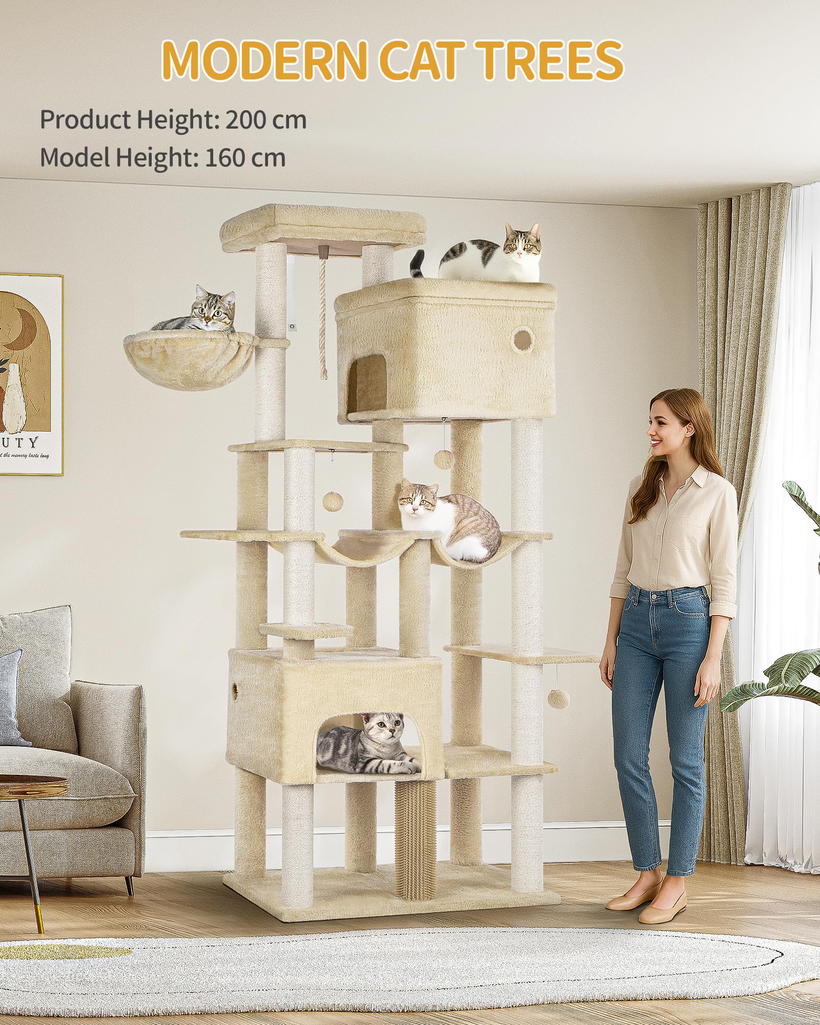 Hzuaneri Kratzbaum, 200cm XXL Kratzbaum mit 10 Kratzsäulen, 2 Höhlen, 2 Hängematten, große Plattform, Katzenbürsten, Korb,Schwerer Katzenbaum für Maine Coon, große Katzen, Beige MS20018YL