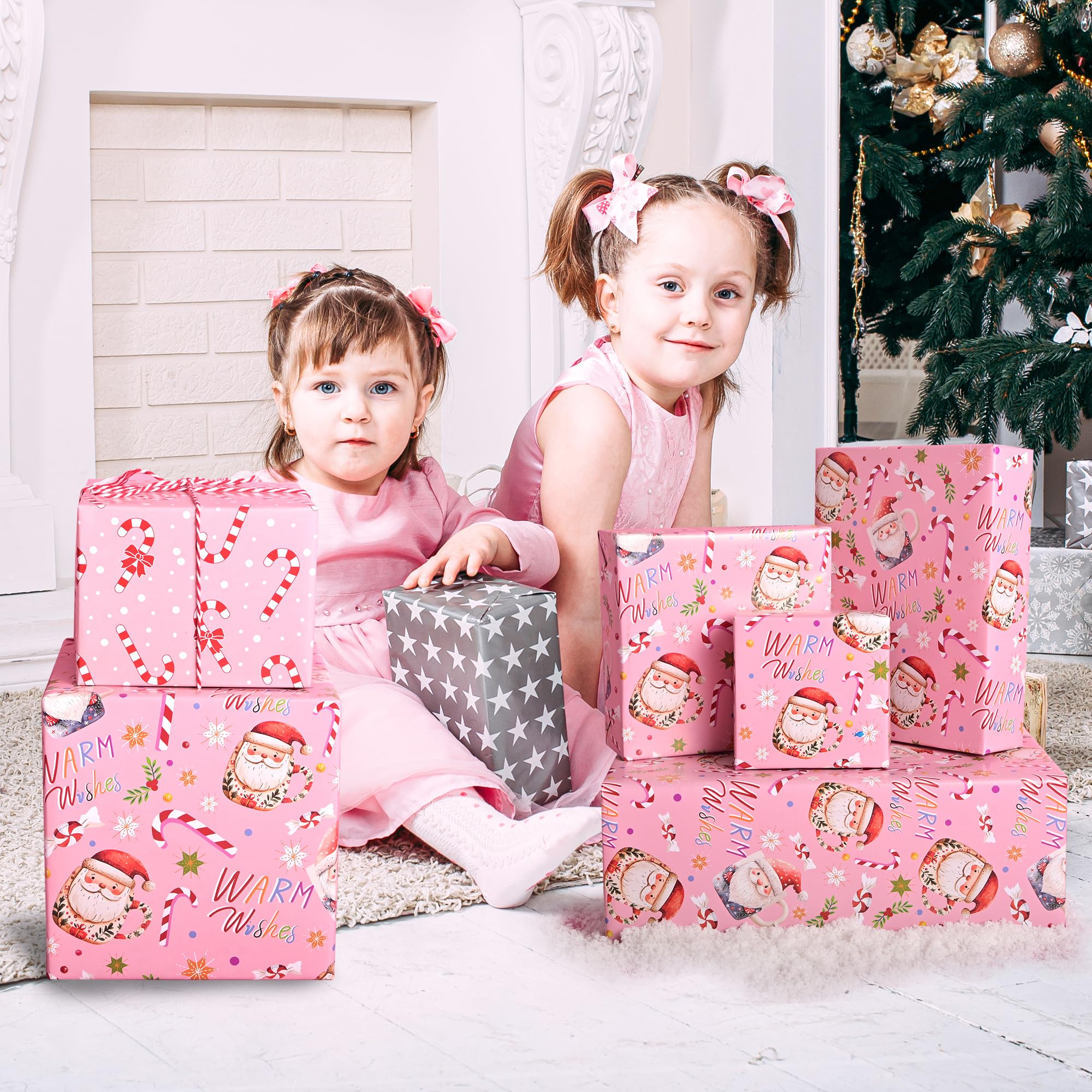 Vnaaem Rouleau de papier cadeau de Noël rose – Tasse de Père Noël et canne à sucre d'orge avec nœud – Papier cadeau pour fêtes de fin d'année, fêtes d'hiver – 43,2 cm x 6,1 m (total 2,5 m²)