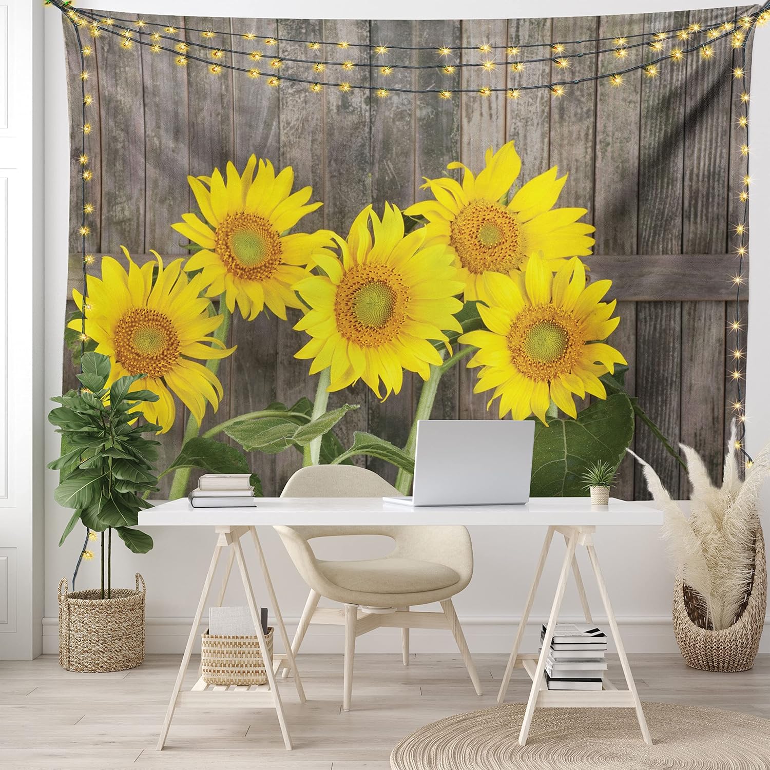 Ambesonne Sunflower Tapestry Queen Size, Helianthus Sunflowers Against Weathered Aged Fence Summer Garden Photo, Wall Hanging Bedspread Bed Cover Wall Decor, Queen Size, Brown Yellow Green