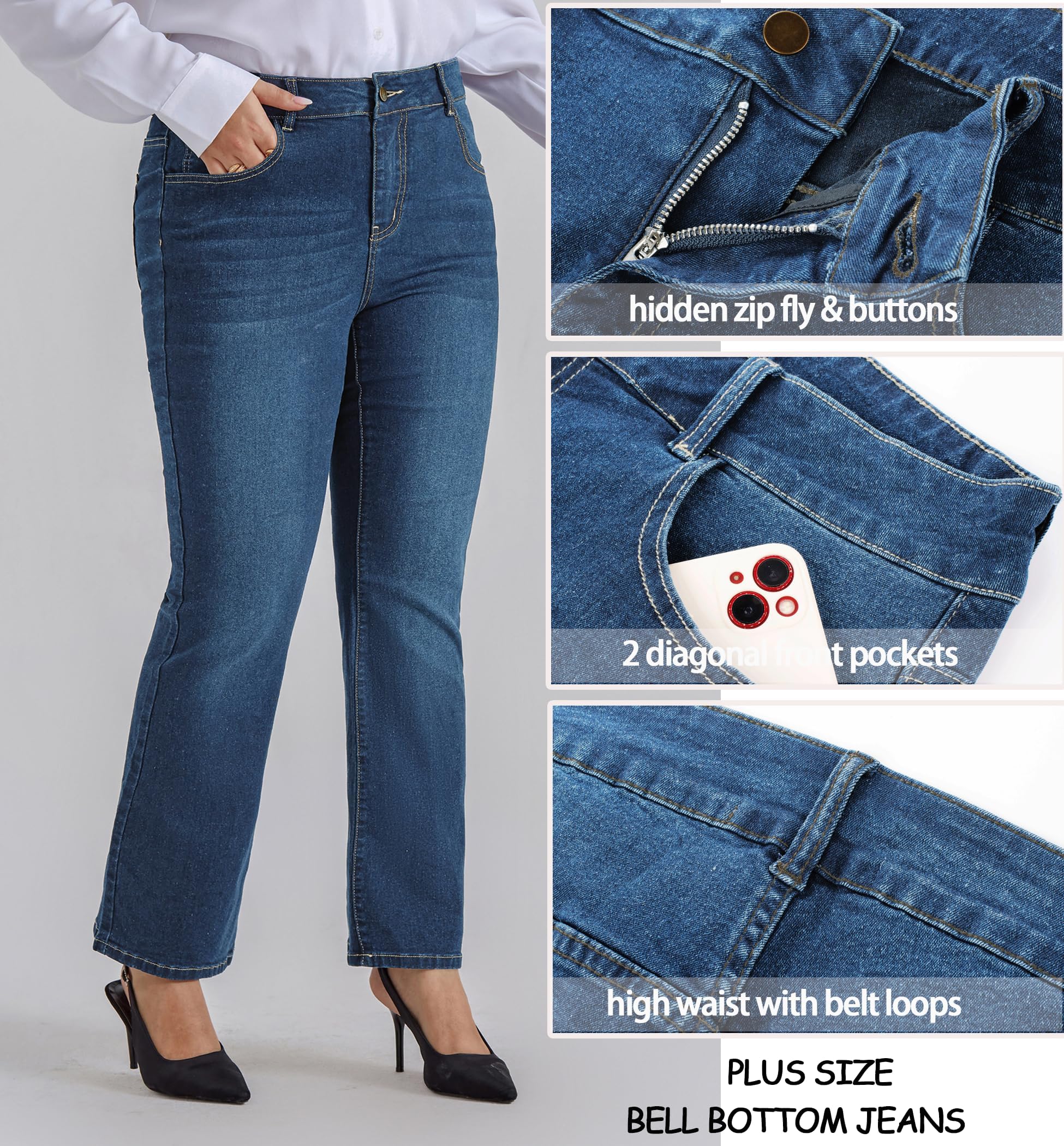 Hanna Nikole Damen Große Größe Bootcut Jeans Hoher Taille Bell Bottom Dehnbare Bootcut Jeans Stretch