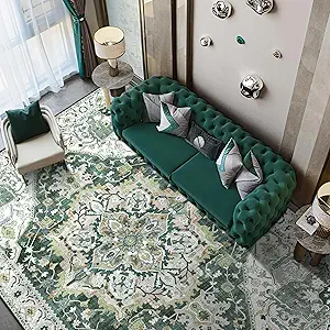 Green Boho Area Rug 6x9 Washable Large Vintage Rug for Living Room Bedroom Office Kitchen Entrance Dining Room Non Slip Soft Low-Pile Farmhouse, Green/Multi