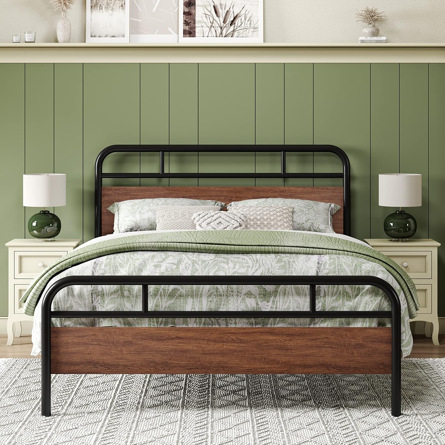 SHA CERLIN Full Size Metal Bed Frame with Round Wooden Headboard and Footboard, Heavy Duty Platform Bed Frame with Under Bed Storage, Strong Metal Slat Support, No Box Spring Needed, Modern, Walnut