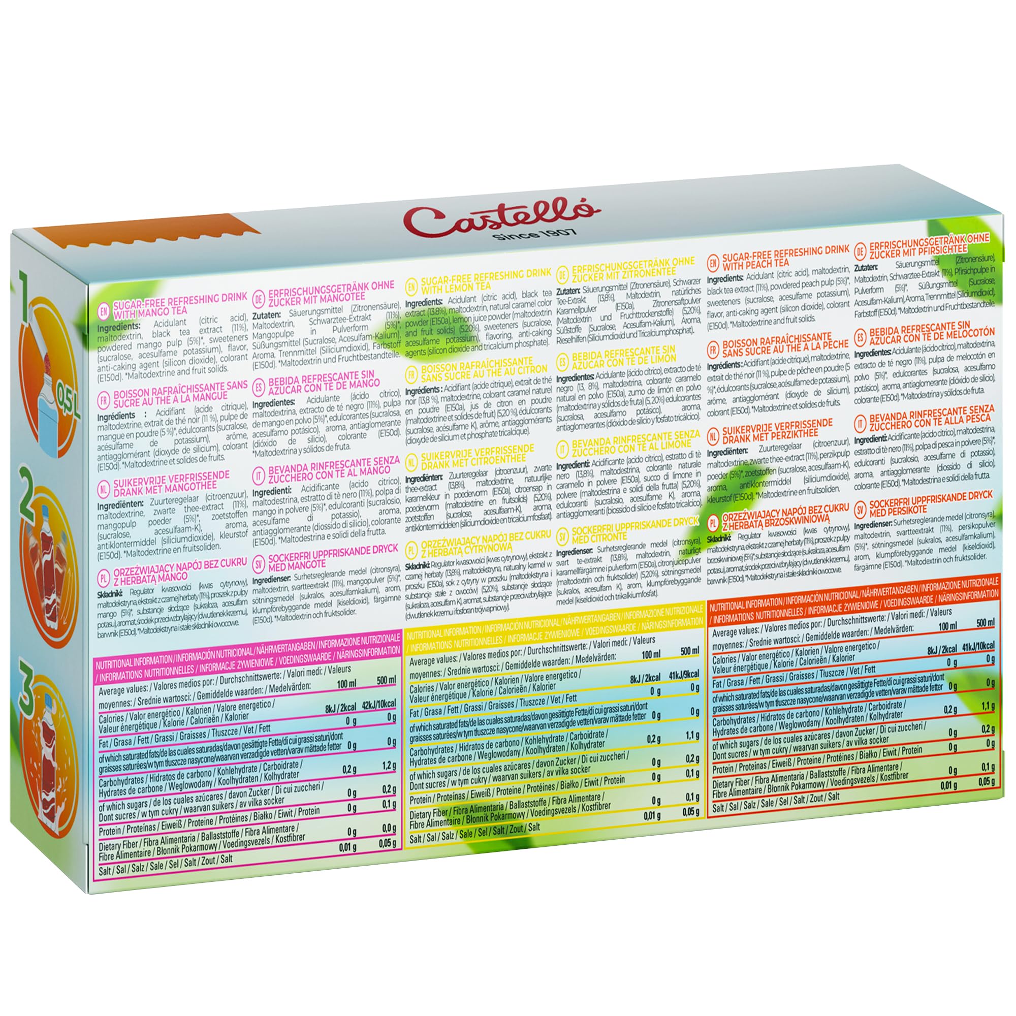 Castello since 1907 Té Frío Zero Instantáneo Multipack 3 Sabores | Melocotón, Limón y Mango - Ice Tea - Iced Tea - Total 36 Sobres - Cero Calorías, Sin Azúcares, Sin Aspartamo