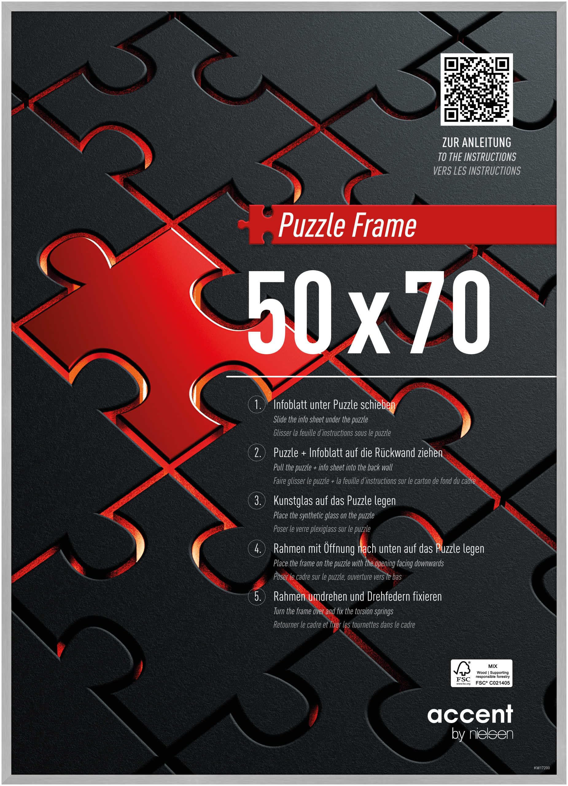 accent by nielsen Puzzlerahmen, 50 x 70 cm, Aluminium, Struktur Silber Matt, Posterrahmen zum Aufhängen im Hoch- & Querformat, bruchsicheres Kunstglas, Puzzle