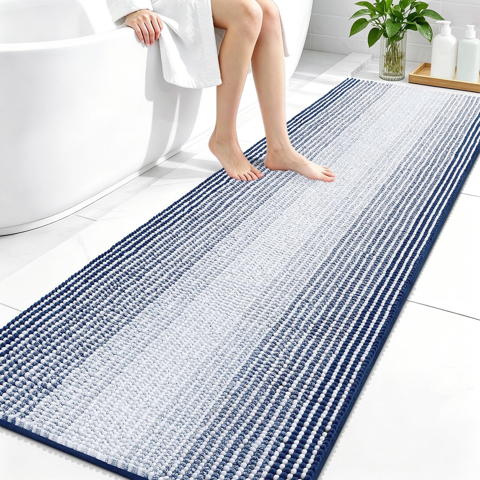 OLANLY Bathroom Runner Rugs 70x24, Soft Chenille Striped Bath Rugs, Navy