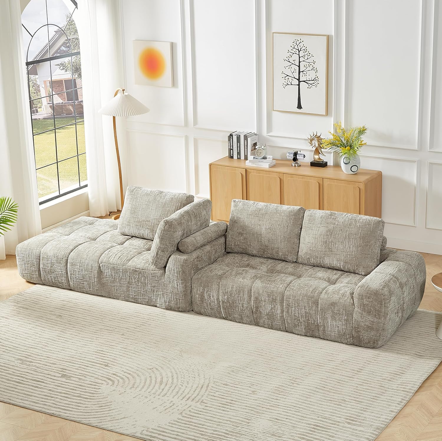 111.4" Modern Minimalist Style L-Shape Sofa,Comfortable Chenille 3 Seat Couch,Exquisite Luxury Chaise Lounge,No Assembly Required for Living Room,Apartment,Reception,Khaki + Left Chaise Lounge