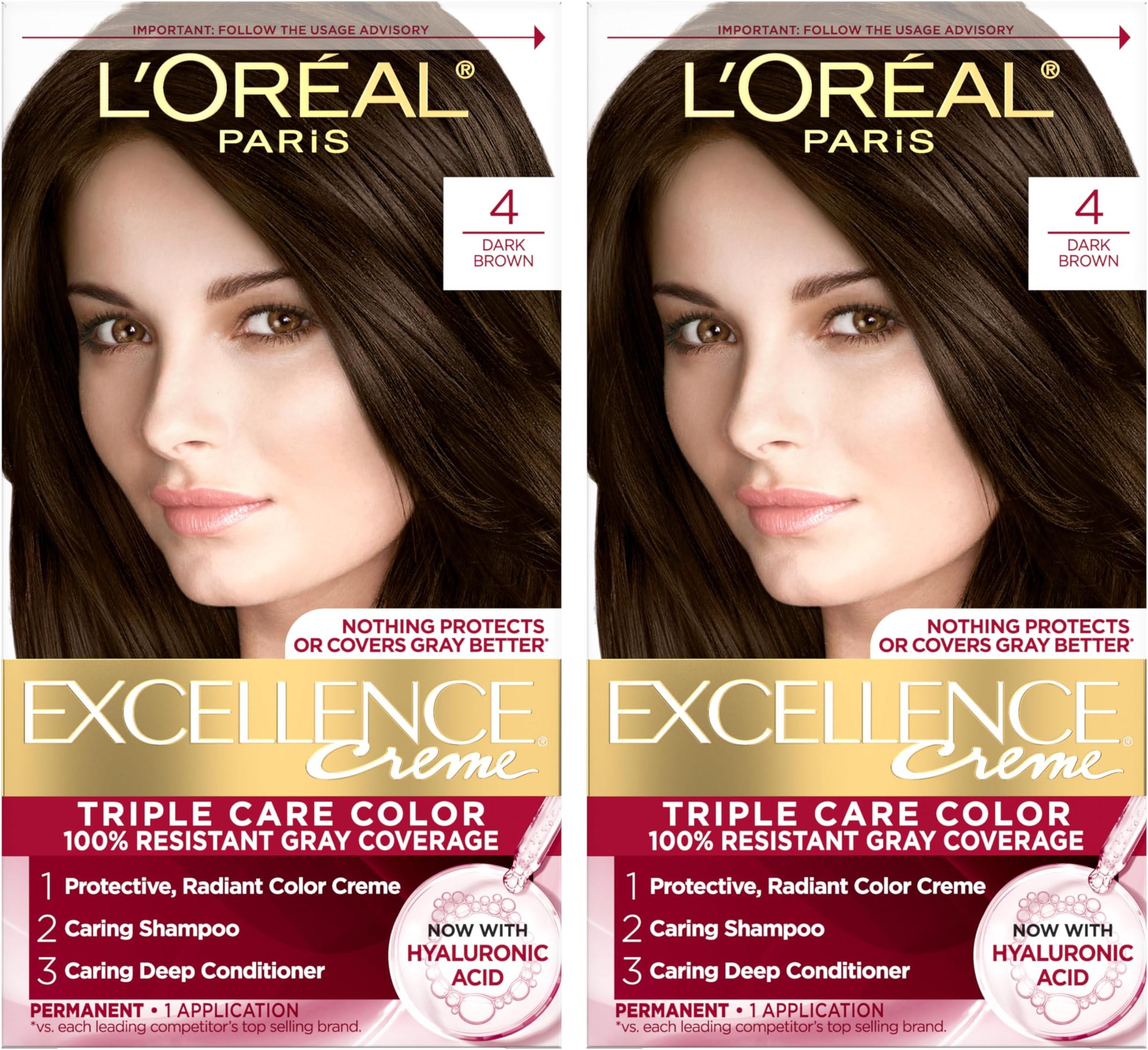 - L'Oreal Paris Excellence Crรจme Permanent Hair Dye, Triple Care Hair Color with Hyaluronic Acid for 100% Gray Coverage, 4 Dark Brown, 1 Kit (Pack of 2) (Packaging May Vary)