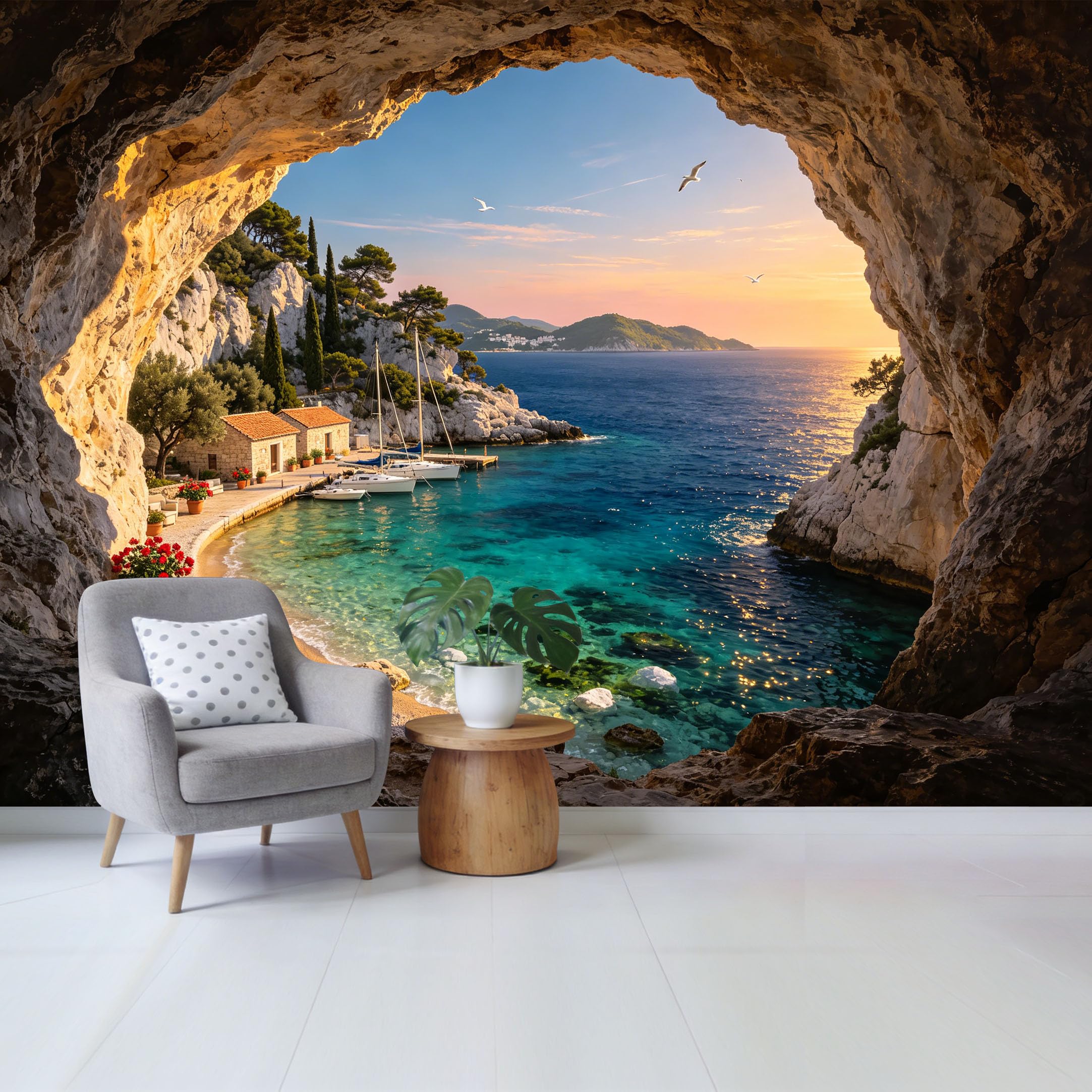 Custom Size Wall Mural Coastal Cave View Mediterranean Seaside Sunset Landscape Removable Self Adhesive Fabric Home Wall Decor for Living Room Bedroom Bathroom