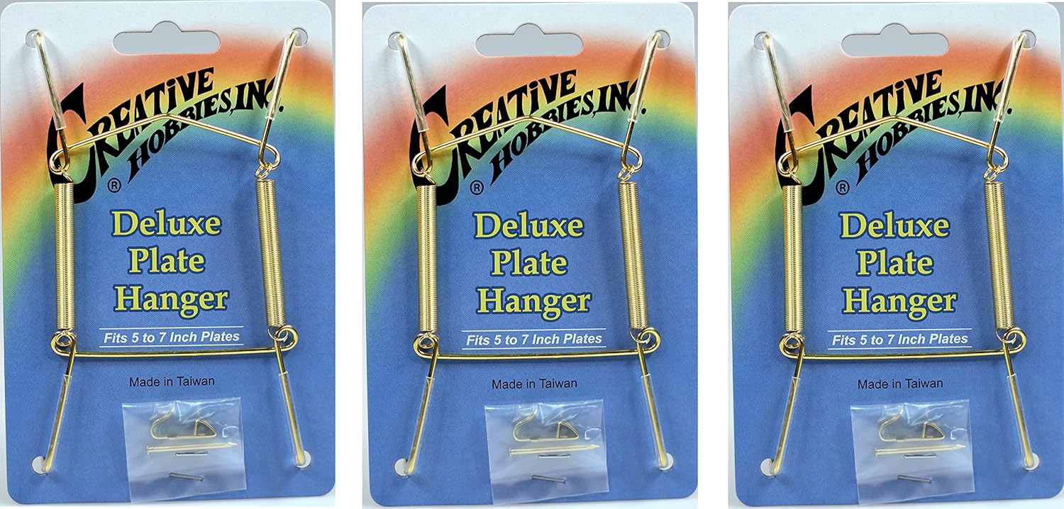 Creative Hobbies® Deluxe Plate Display Hangers, Spring Style - Assembled & Ready to Use - Holds 7 to 10 Inch Plates, Gold Wire Spring Type, Hanger Hooks & Nails Included - Pack of 3