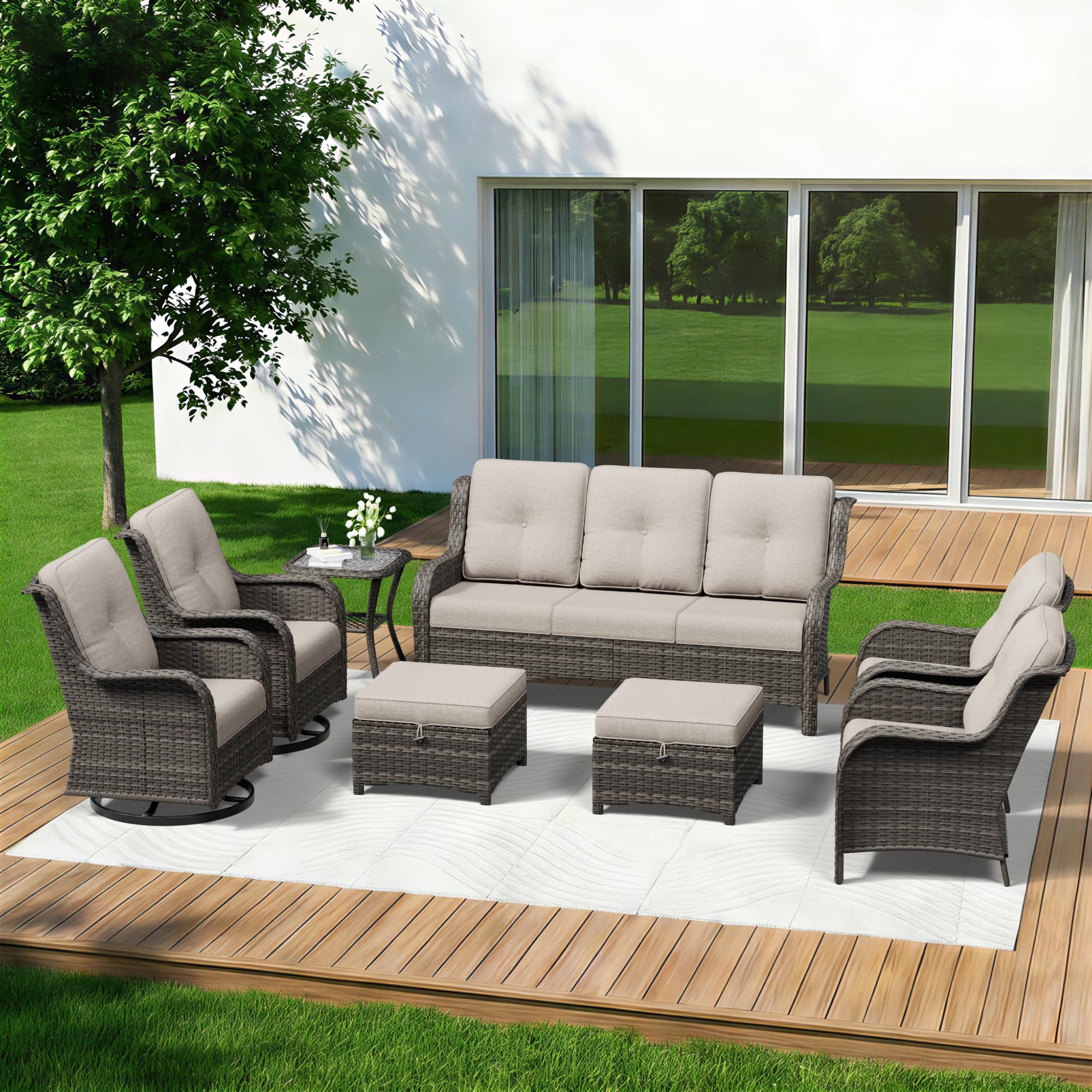 8 Piece Outdoor Wicker Patio Furniture Set, Patio Chairs Set with Thickened Olefin Cushions, High Back and Deep Seating, Hand-Woven PE Rattan, Ottoman for Porch, Deck