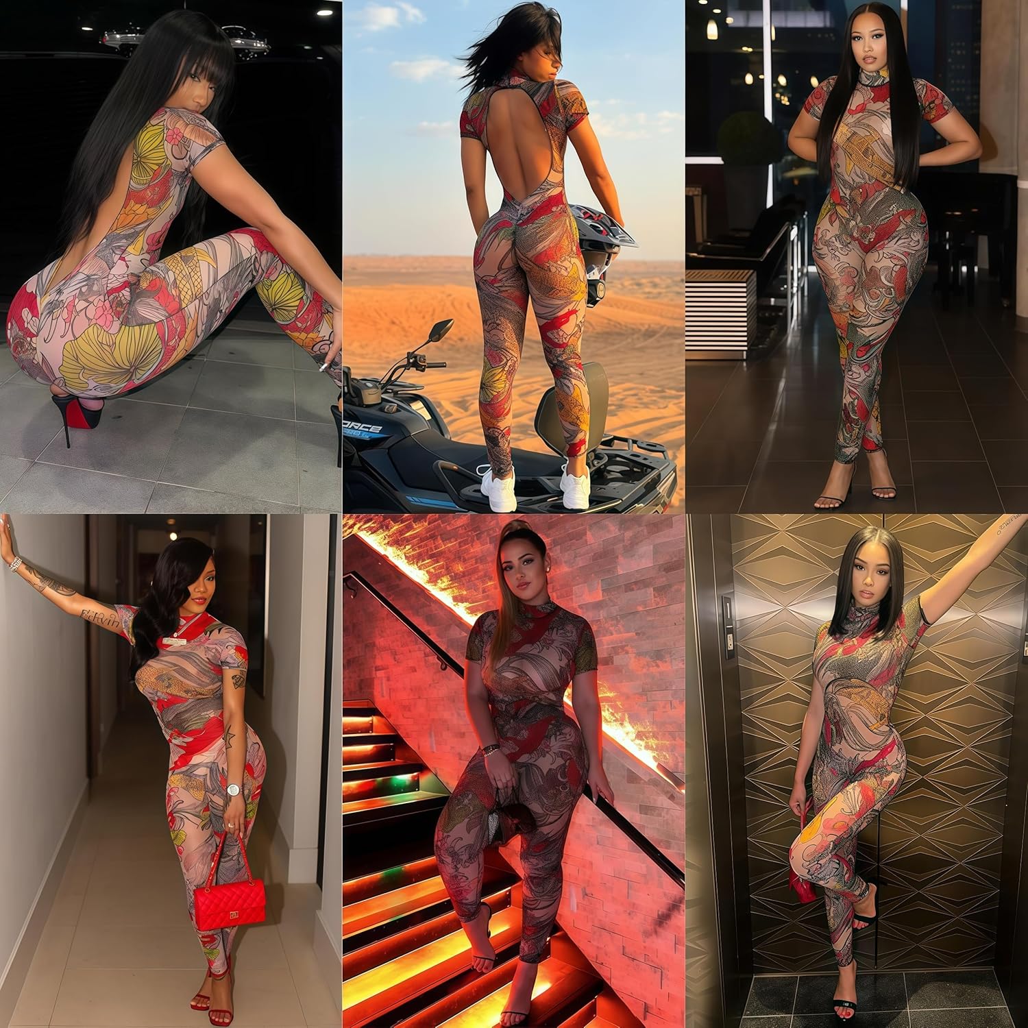 RARITYUS Women's Sheer Mesh Dragon Print Jumpsuit Sexy See Through Backless Short Sleeve Bodycon Jumpsuit Party Clubwear - Image 4