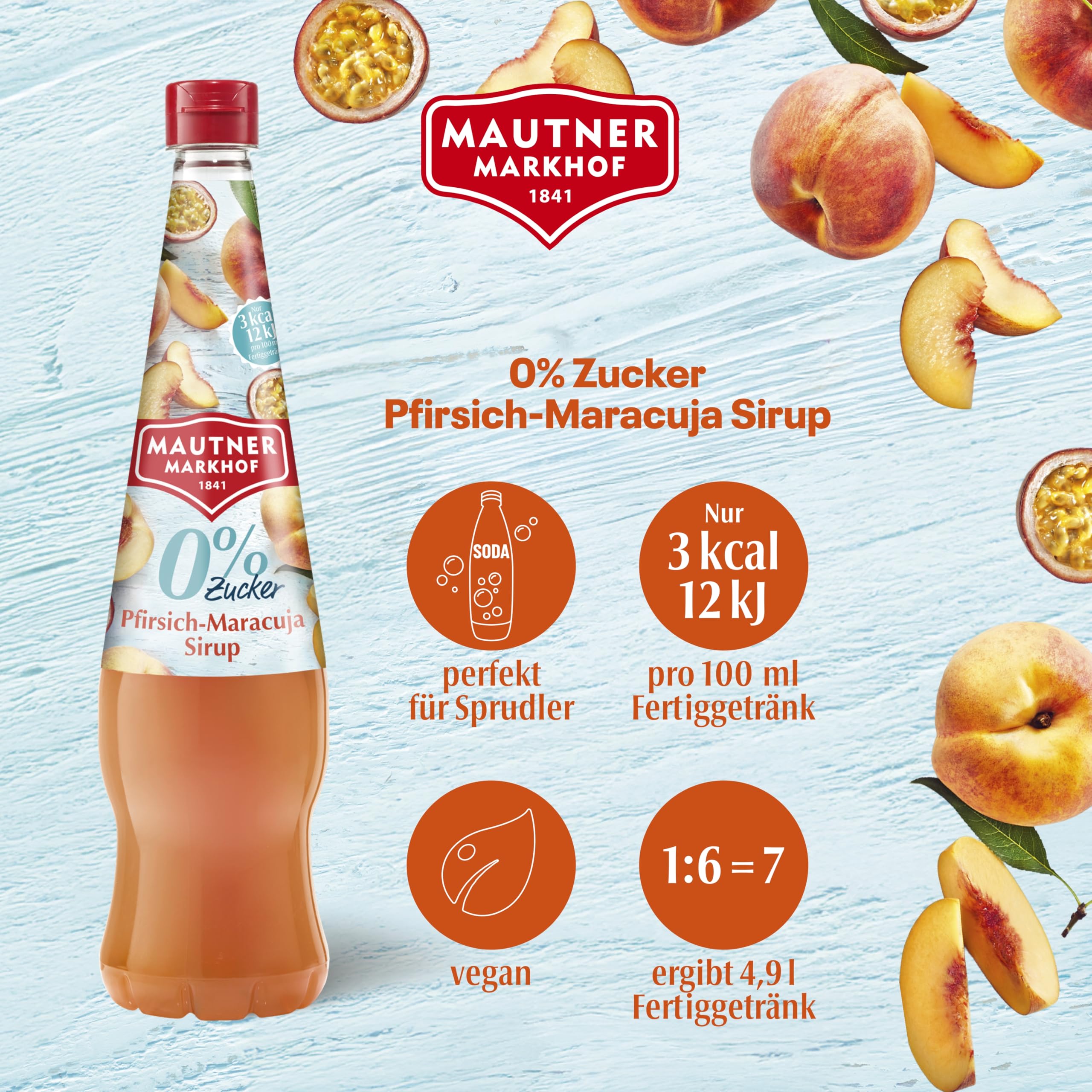 Mautner Markhof Sirup Pfirsich-Maracuja 0 % Zucker – 6 x 700 ml – fruchtiger low Carb-Sirup ohne Zuckerzusatz