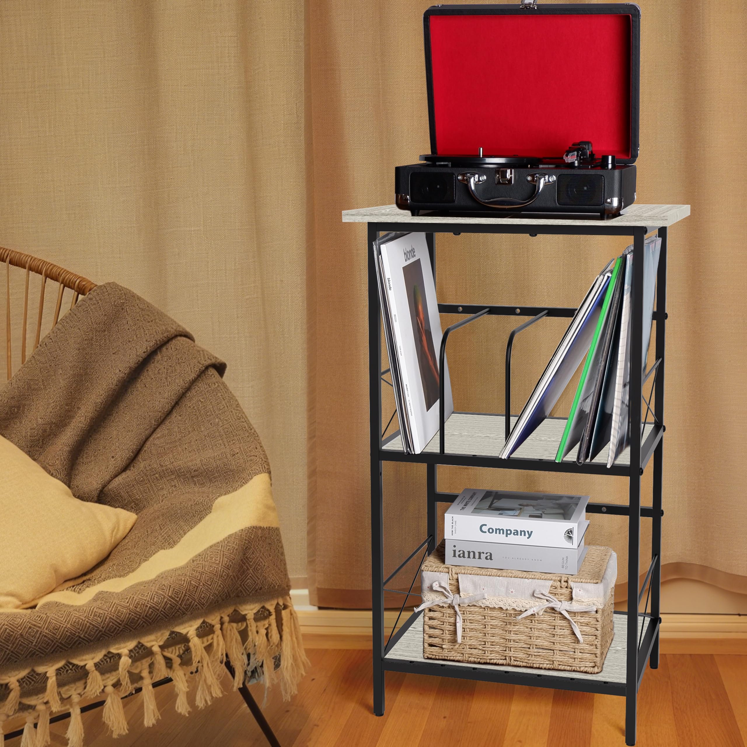 Soporte para tocadiscos con 4 separadores ajustables, mesa auxiliar de 3 capas, almacenamiento de discos de vinilo con capacidad para 200 LPs, mesa multifuncional para el hogar, color