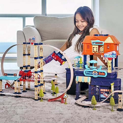 Miniatura 2 de Juego de pistas de tren para niños pequeños y niños 206 piezas de vías de tren con curvas reversibles, puentes, rampas Juguete de aprendizaje STEM