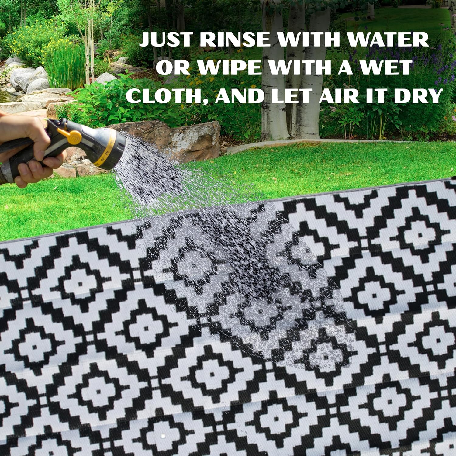 KHAIR Waterproof Outdoor Rug 9×12 Feet, Reversible Plastic Straw Rug for Patio, Garden, Porch, Deck, RV, Camping, Picnic & Backyard – Black & White (9' x 12' (Rectangular))