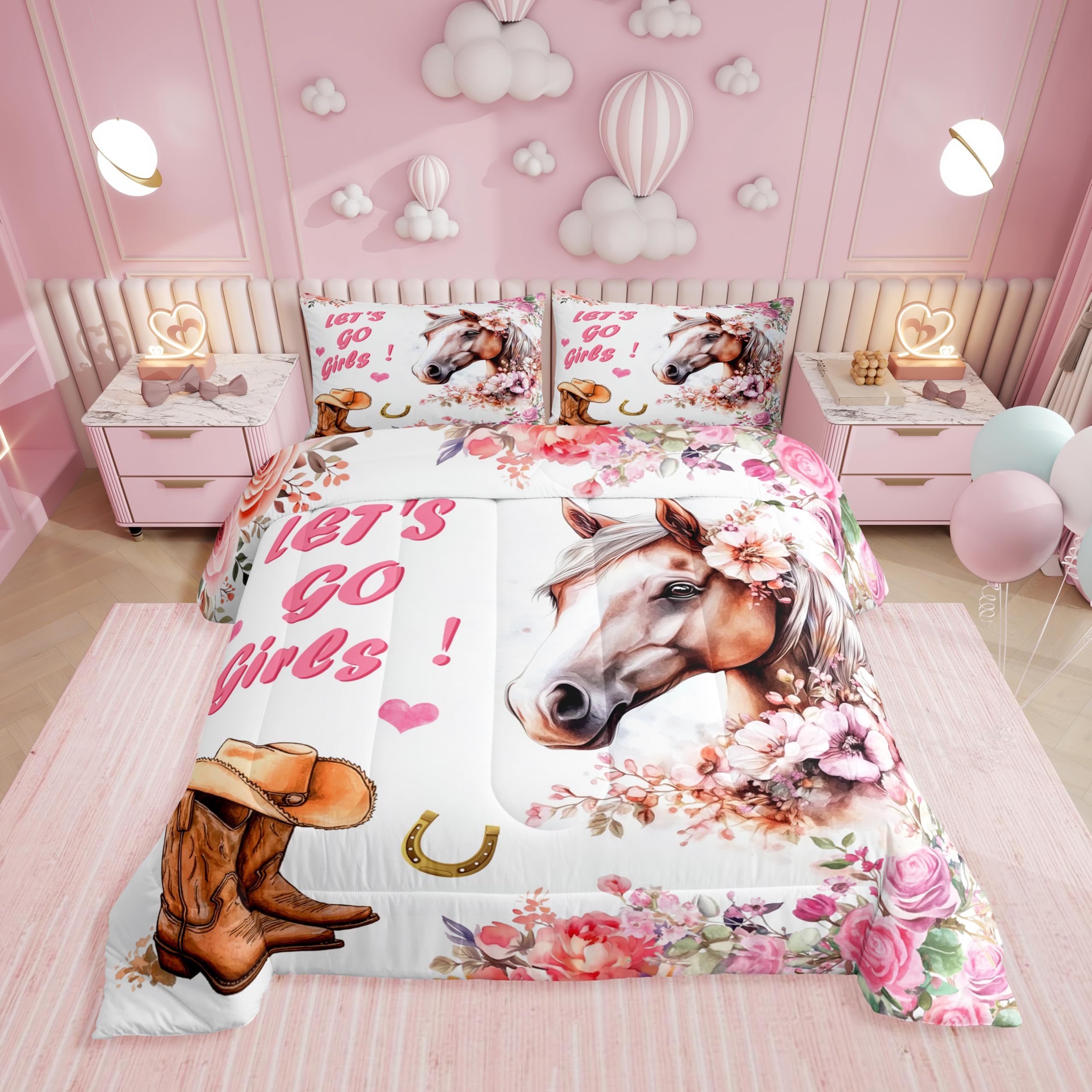 Erosebridal Juego de edredón de caballo, juego de ropa de cama con botas vaqueras occidentales para niñas y adolescentes, juego de cama de caballo de granja del salvaje oeste, decoración rústica de