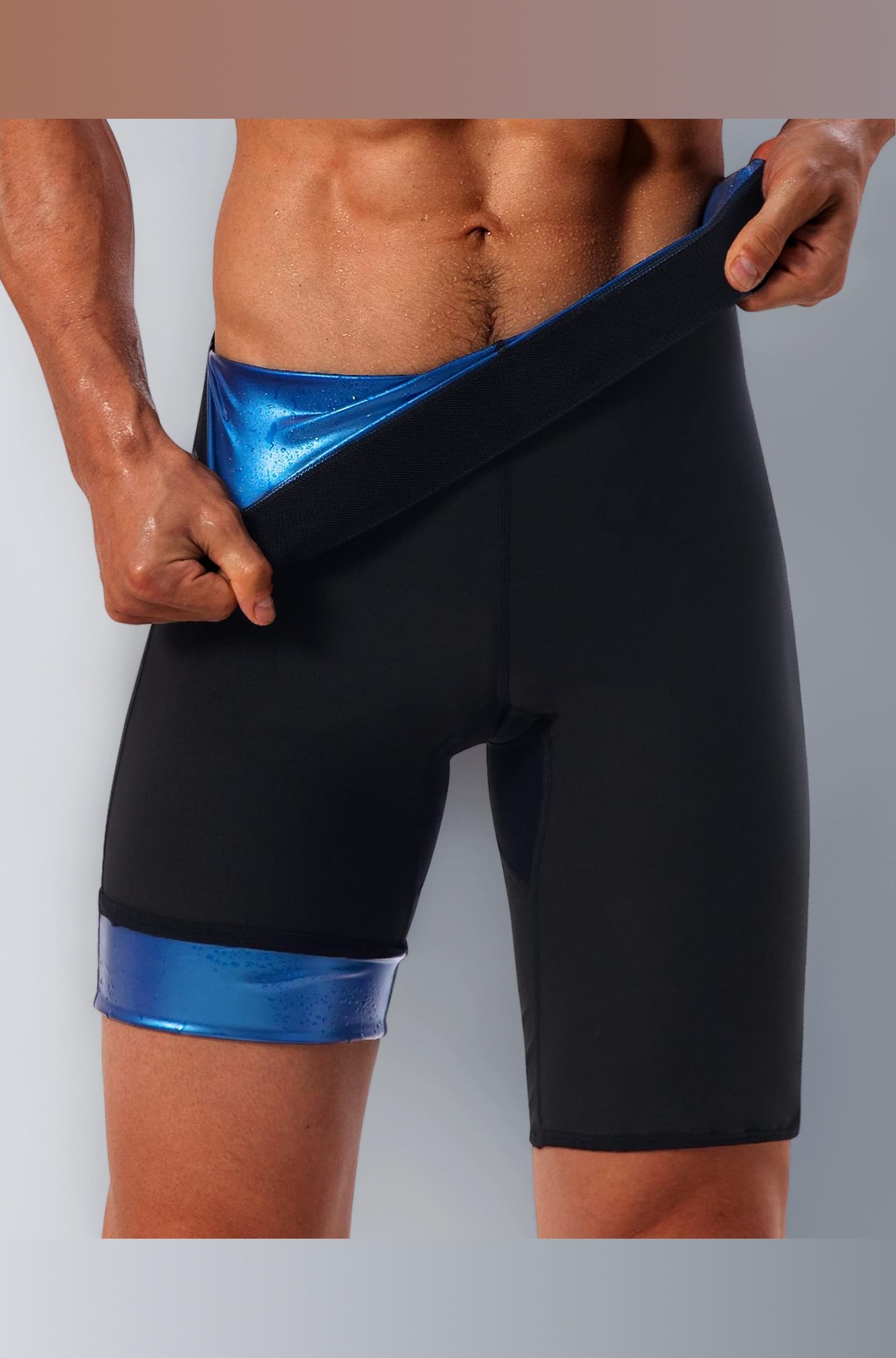 Sauna Sweat Short Pants for Men Hot Thermo Sauna Leggings Compression Hight Waist Pants Workout Body Shaper Sauna Suit, Short Pants Blue Lining, Large