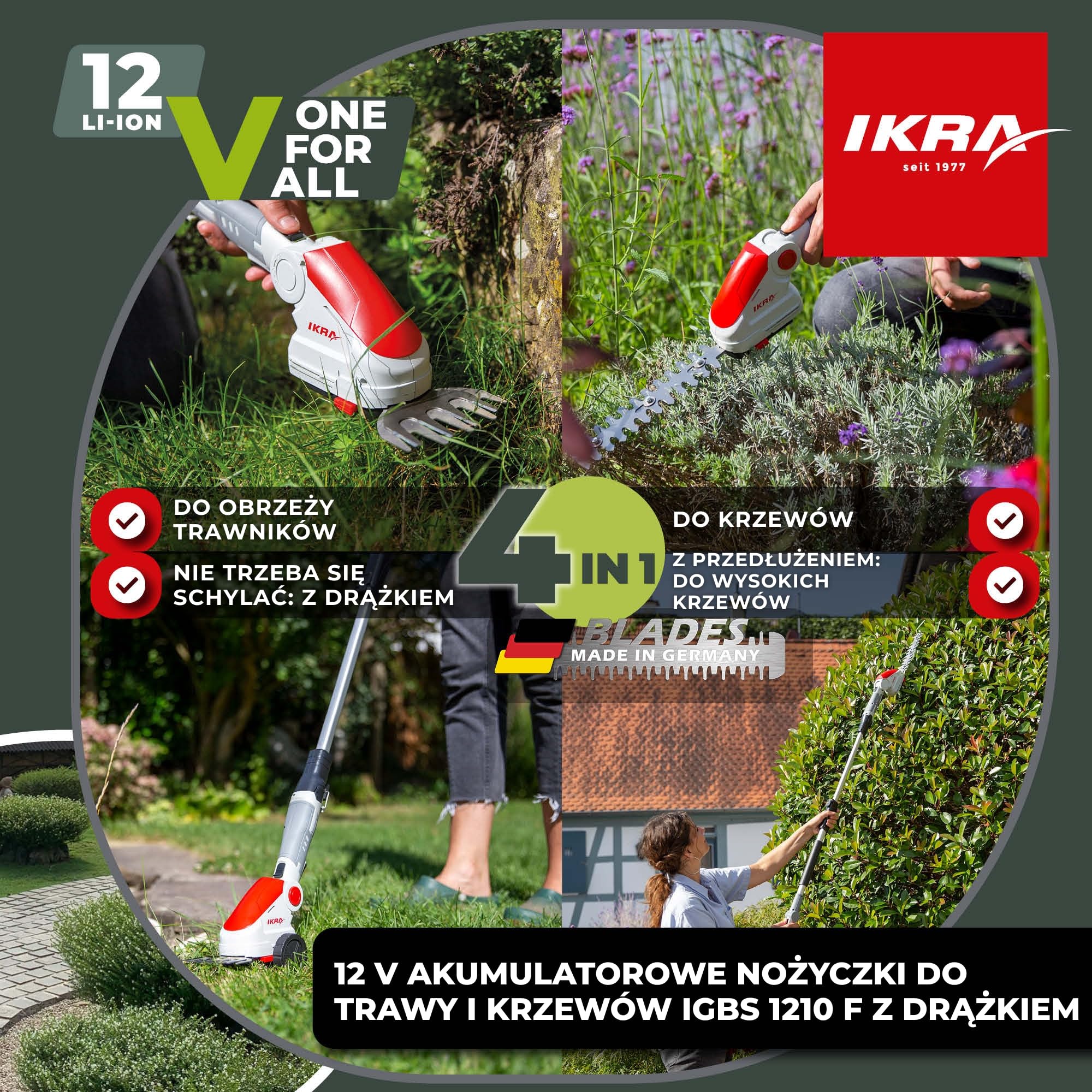 IKRA Nożyce akumulatorowe do trawy i krzewów IGBS 1210F z teleskopem | Akumulator 12V i ładowarka w zestawie, 7-stopniowa regulacja uchwytu,ostrze Made in Germany,kompatybilność IKRA 12V